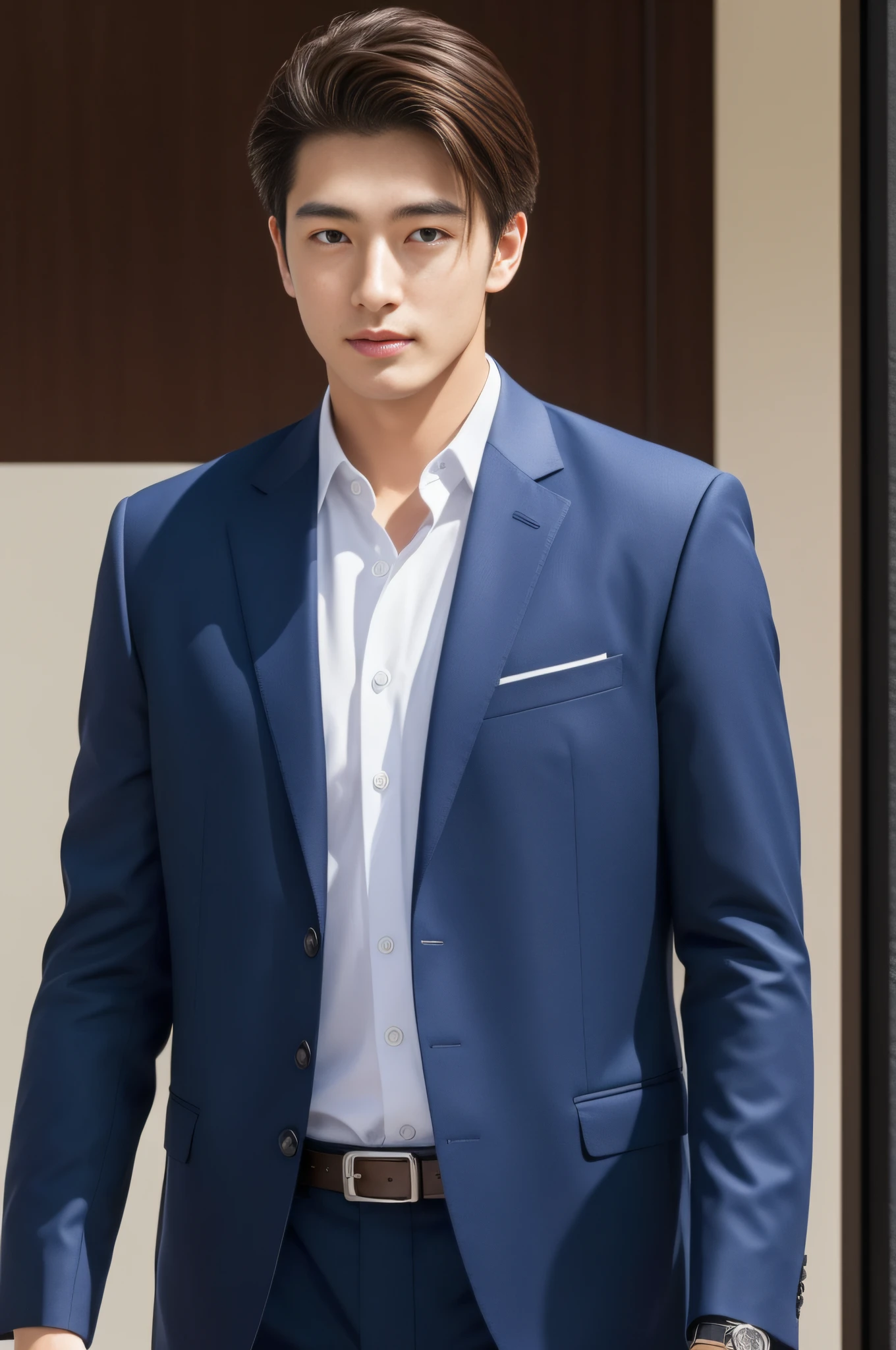 ((Highest quality)), 1 male, Wearing a light blue suit, Half of the body seen from above, He is pointing his finger、Japanese、