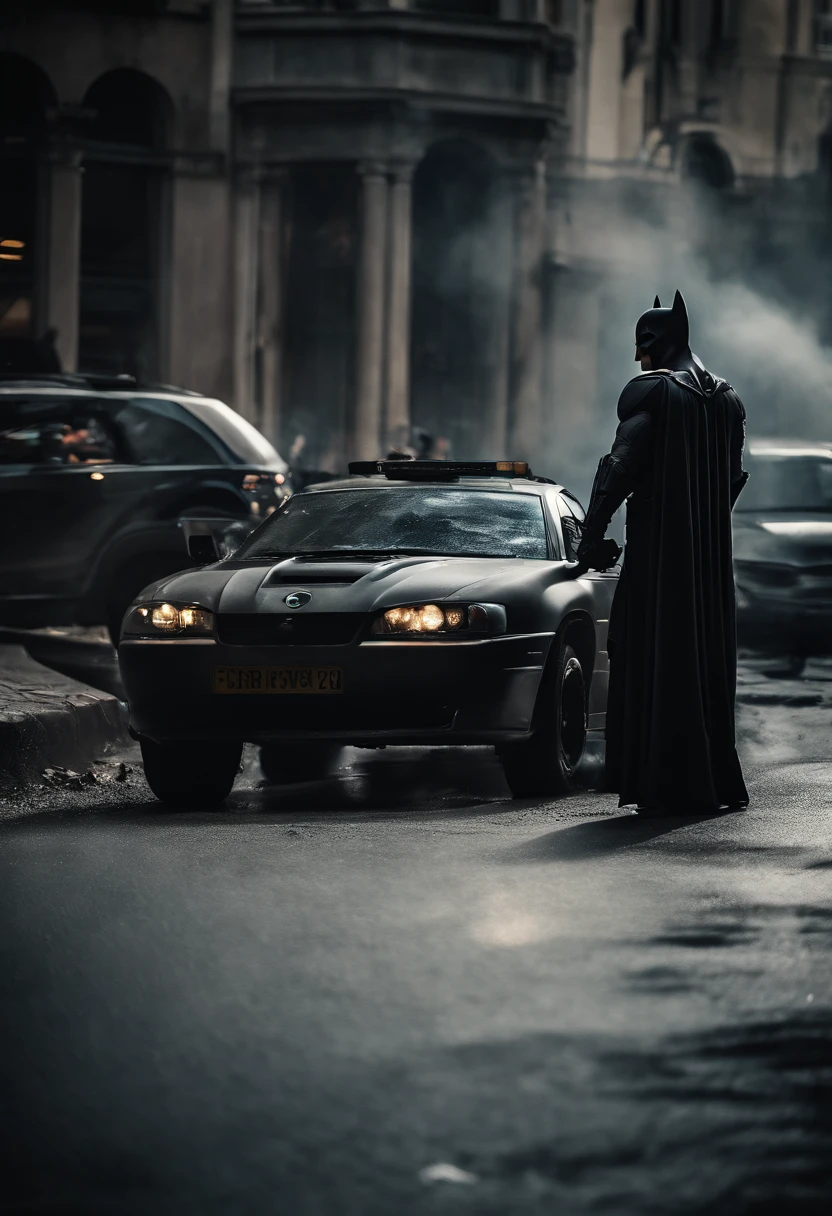 Batman e Jason Bourne lutando numa rua,pessoas torcendo,car explosions in the background,HDR,Full HD,Cinematic,imagen detalhada,total fidelidade de imagem
