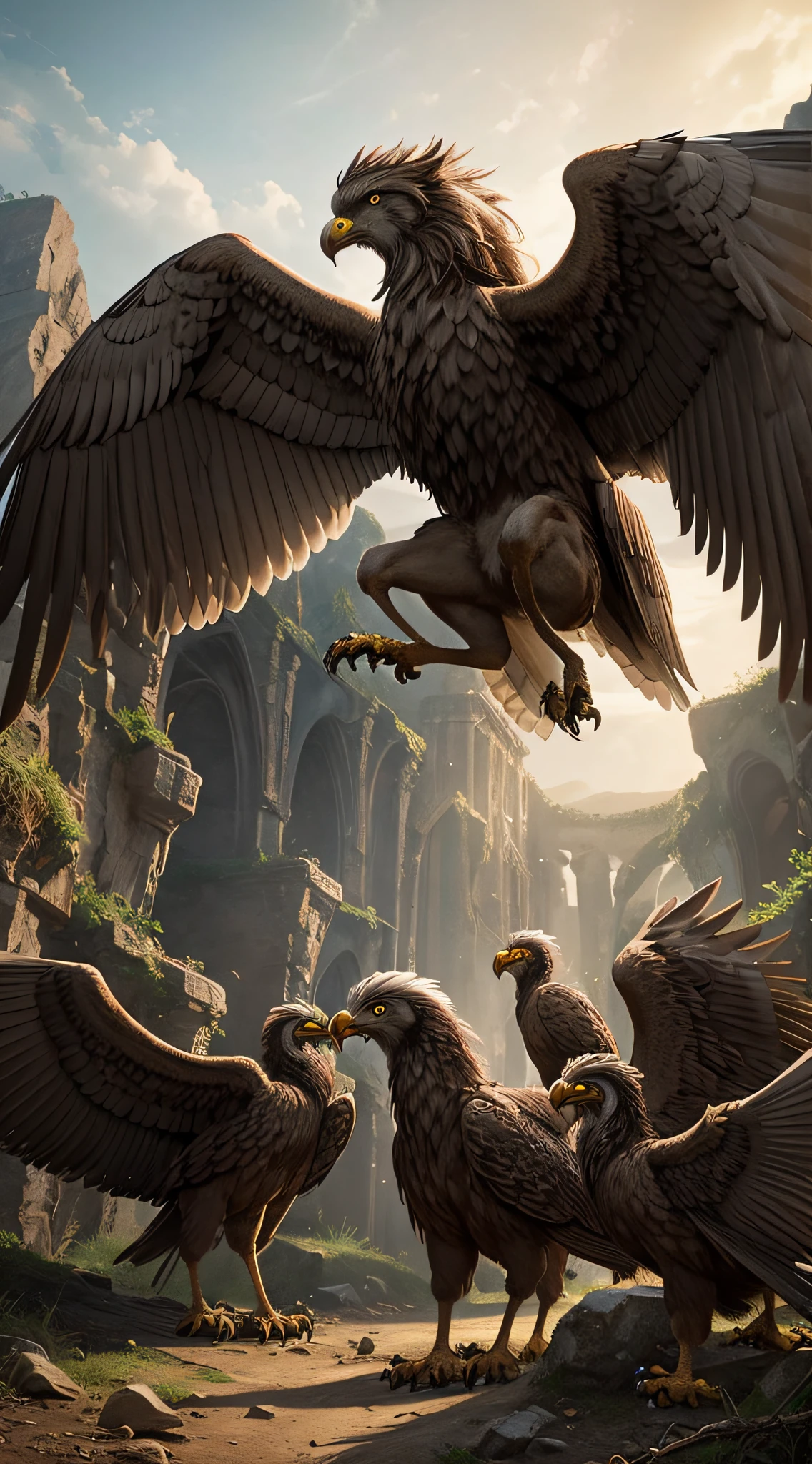 Generate an image of a tense and awe-inspiring moment when a group of humans, cautiously approaching, first encounters a family of majestic griffins in their hidden sanctuary."