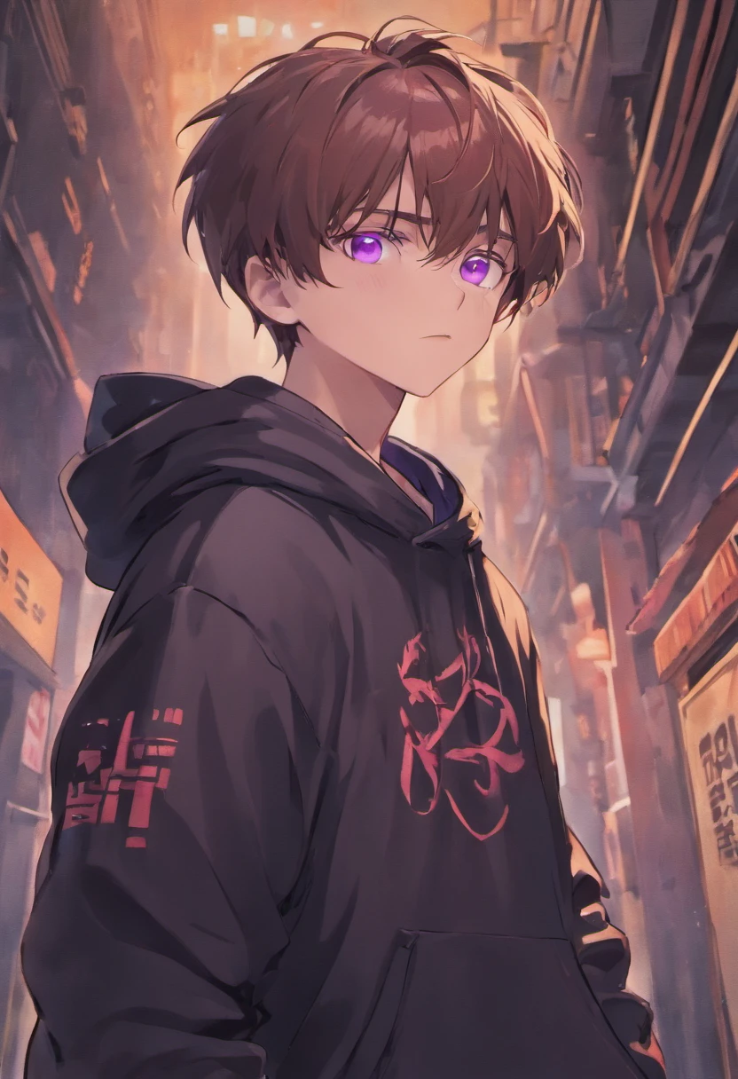 The boy with brown hair and purple eyes and black hoodie and black katana
