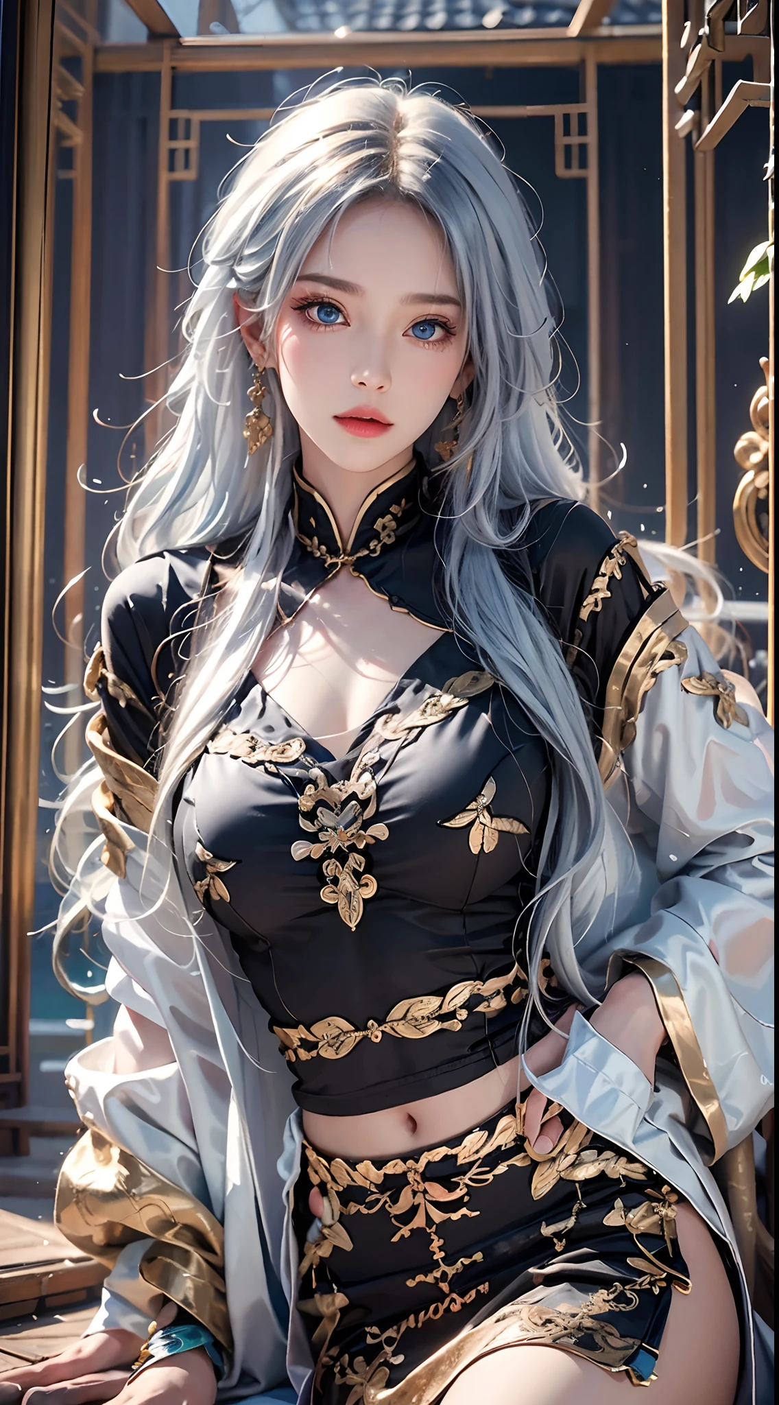 photorealistic, high resolution, soft lights, 1women, solo, hips up, look at viewer, (detailed face), blue eyes, white hair, long hair, colorful Taoist robe,oversized clothes, midjourney portrait, jewelry