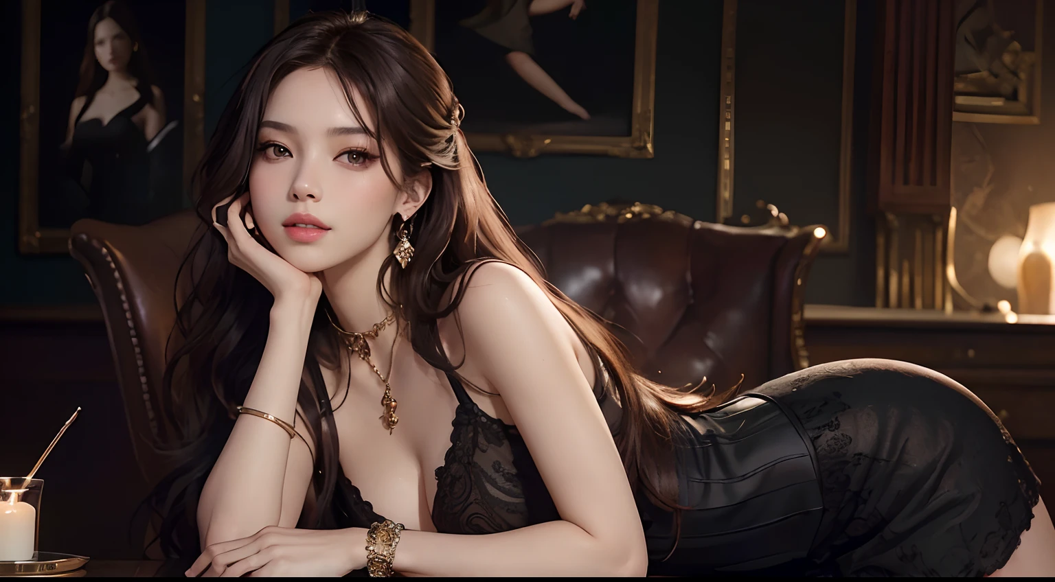 (masterpiece), a stunning photograph of blackpink lisa, full body, 8k, raw photo, looking at viewer, (highly detailed skin:1.2), small breasts, slim body, brown hair, (photorealistic:1.4), long black dress, solo, jewelry, earrings, (looking at viewer), long hair, brown eyes, portrait, realistic, smile, makeup, sitting on chair