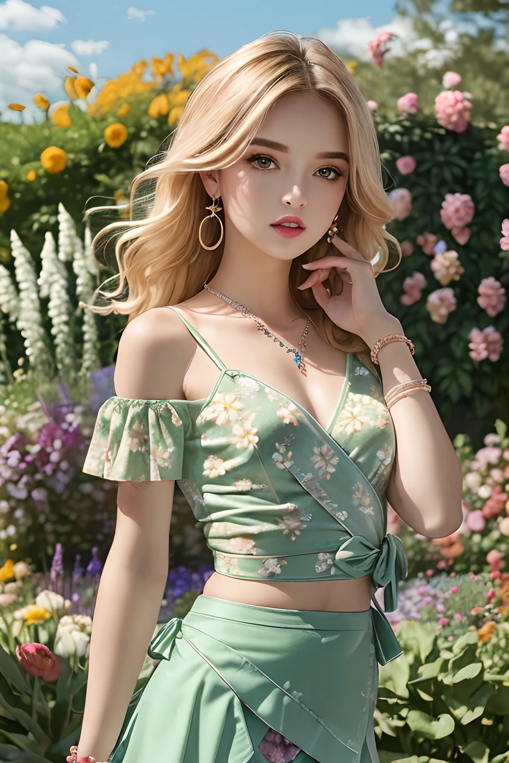 (masterpiece:1.4, best quality), (intricate details), unity 8k wallpaper, ultra detailed, beautiful and aesthetic, perfect contrasting lighting, (1girl), (blonde hair, green eyes, flat_chest),, dynamic pose, dynamic angle,  lipstick, slim, slim body, medium breasts, (Floral_wrap_top:1.5),(Mini_skirt:1.4),(Beaded_bracelets:1.3),(Garden_party_background:1.5), detailed background, realistic, solo, perfect detailed face, detailed eyes, highly detailed, blush, hair ornament,