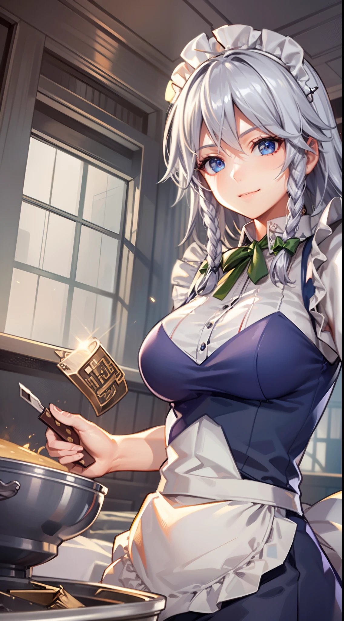 (Unity 16K Wallpaper, masutepiece, Best Quality, Ultra-detailed, extremely details CG, Cinematic lighting, Detailed, Beautiful detailed eyes, Solo),超A high resolution,Fine skin,A sexy,maid, maid apronl, Maid headdress,Knives,seductive smile,from below,