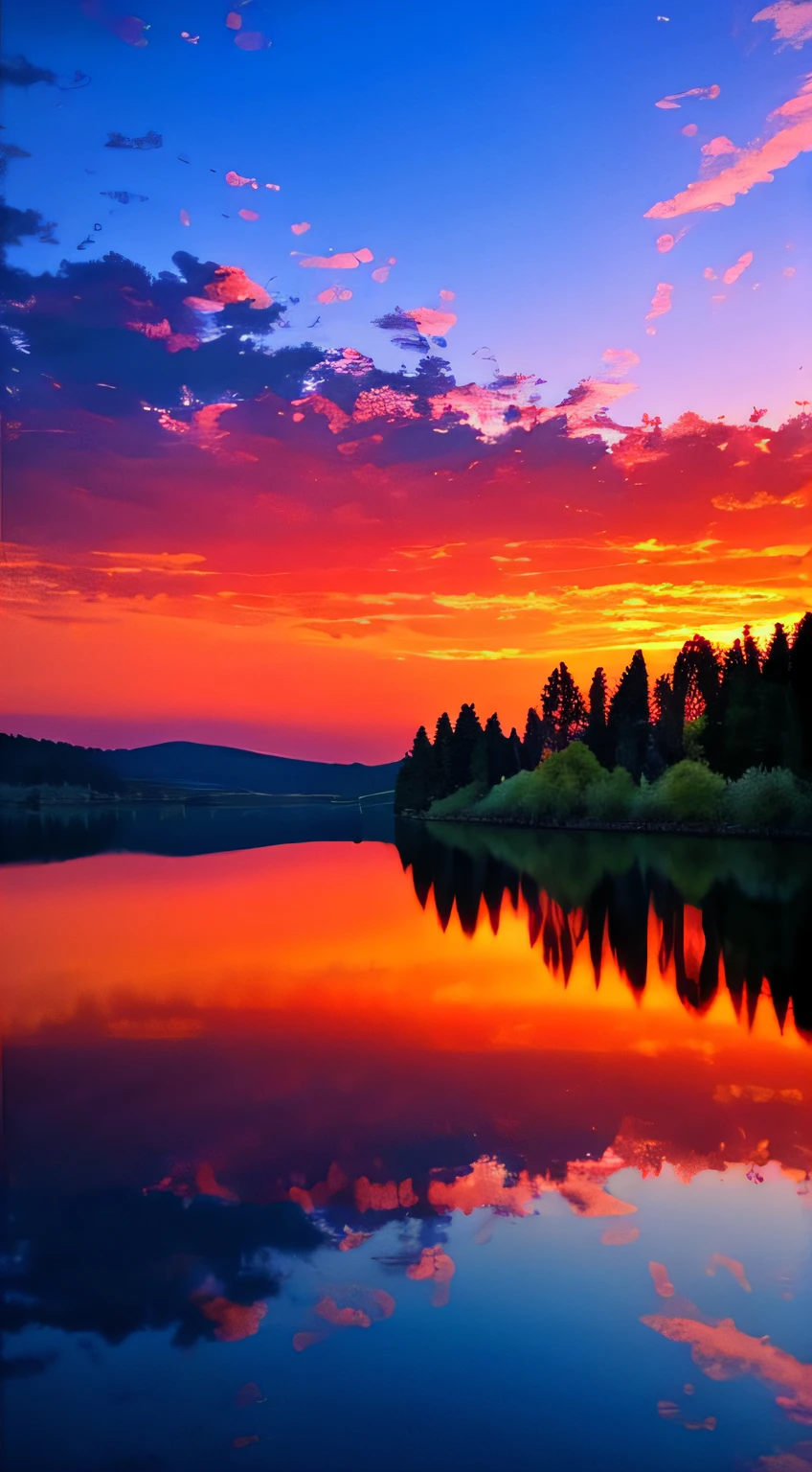 there is a beautiful sunset with a lake and trees in the background, colorful skies, surreal colors, colorful sunset, colorful sky, marvellous reflection of the sky, stunning sky, dream like atmosphere 8k, colorful clouds, colors reflecting on lake, surreal sky, red and blue reflections, fire reflection, beautiful sky, beautiful and spectacular dusk, beautiful dreamy landscape, amazing sky
