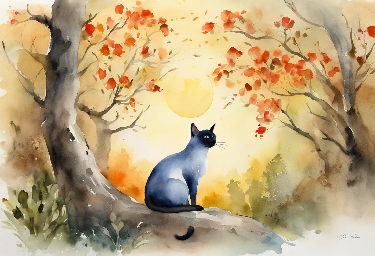 masterpiece、top-quality、morning、Siamese cat、middle aged man、a moon、the woods
