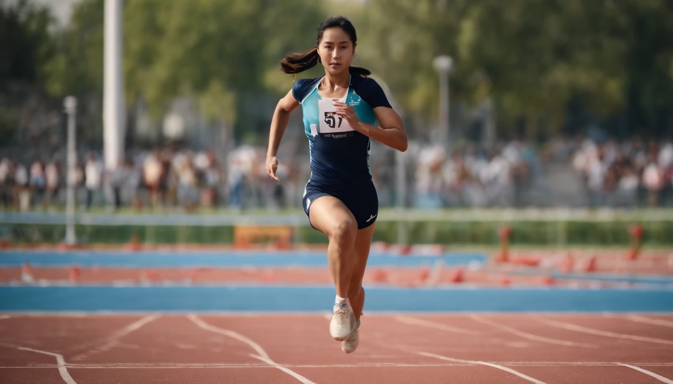 35mm humanistic lens,Sports girl,Starting position,running track,detailedbackground,Asian Games,Full body like,Smudge,Faraway view,super-fine,ultra - detailed,high qulity,8K ,oc rendered,dynamic viewing angle,Hyper Real,Ultra photo realsisim
