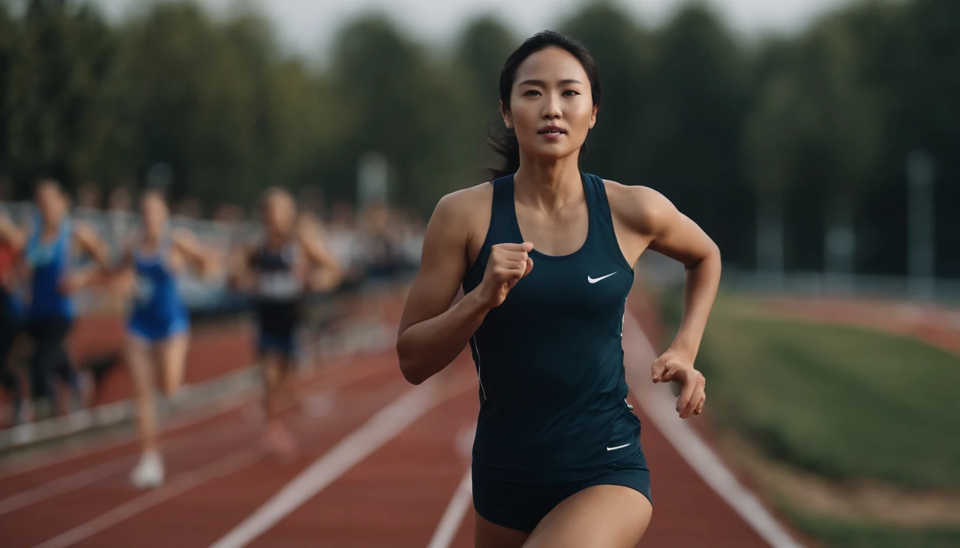 35mm humanistic lens，Sports girl，Starting position，running track，detailedbackground，Asian Games，Full body like，Smudge，Faraway view，super-fine，ultra - detailed，high qulity，8K ，oc rendered，dynamic viewing angle，Hyper Real，Ultra photo realsisim