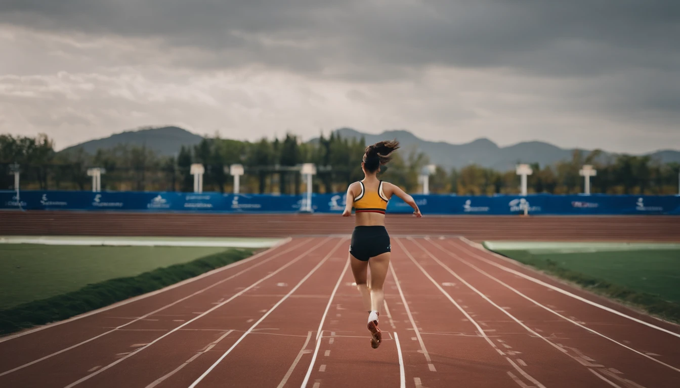 35mm humanistic lens，Sports girl，Starting position，running track，detailedbackground，Asian Games，Full body like，Smudge，Faraway view，super-fine，ultra - detailed，high qulity，8K ，oc rendered，dynamic viewing angle，Hyper Real，Ultra photo realsisim