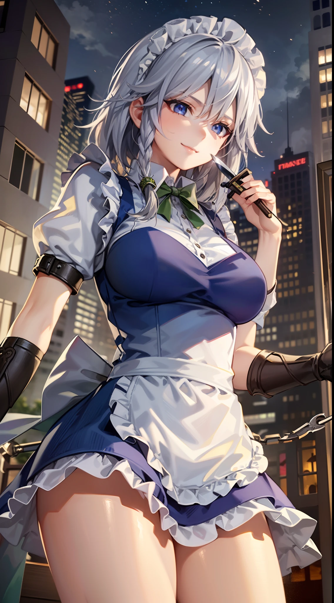 (Unity 16K Wallpaper, masutepiece, Best Quality, Ultra-detailed, extremely details CG, Cinematic lighting, Detailed, Beautiful detailed eyes, Solo),超A high resolution,Fine skin,A sexy,maid, maid apronl, Maid headdress,Knives,seductive smile,from below,have a knife