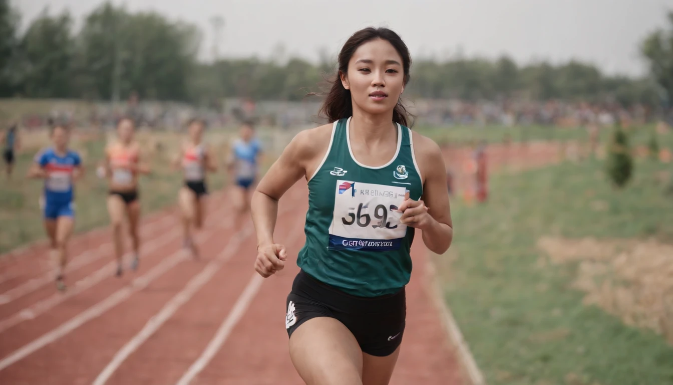 35mm humanistic lens,Sports girl,Starting position,running track,detailedbackground,Asian Games,Full body like,Smudge,Faraway view,super-fine,ultra - detailed,high qulity,8K ,oc rendered,dynamic viewing angle,Hyper Real,Ultra photo realsisim