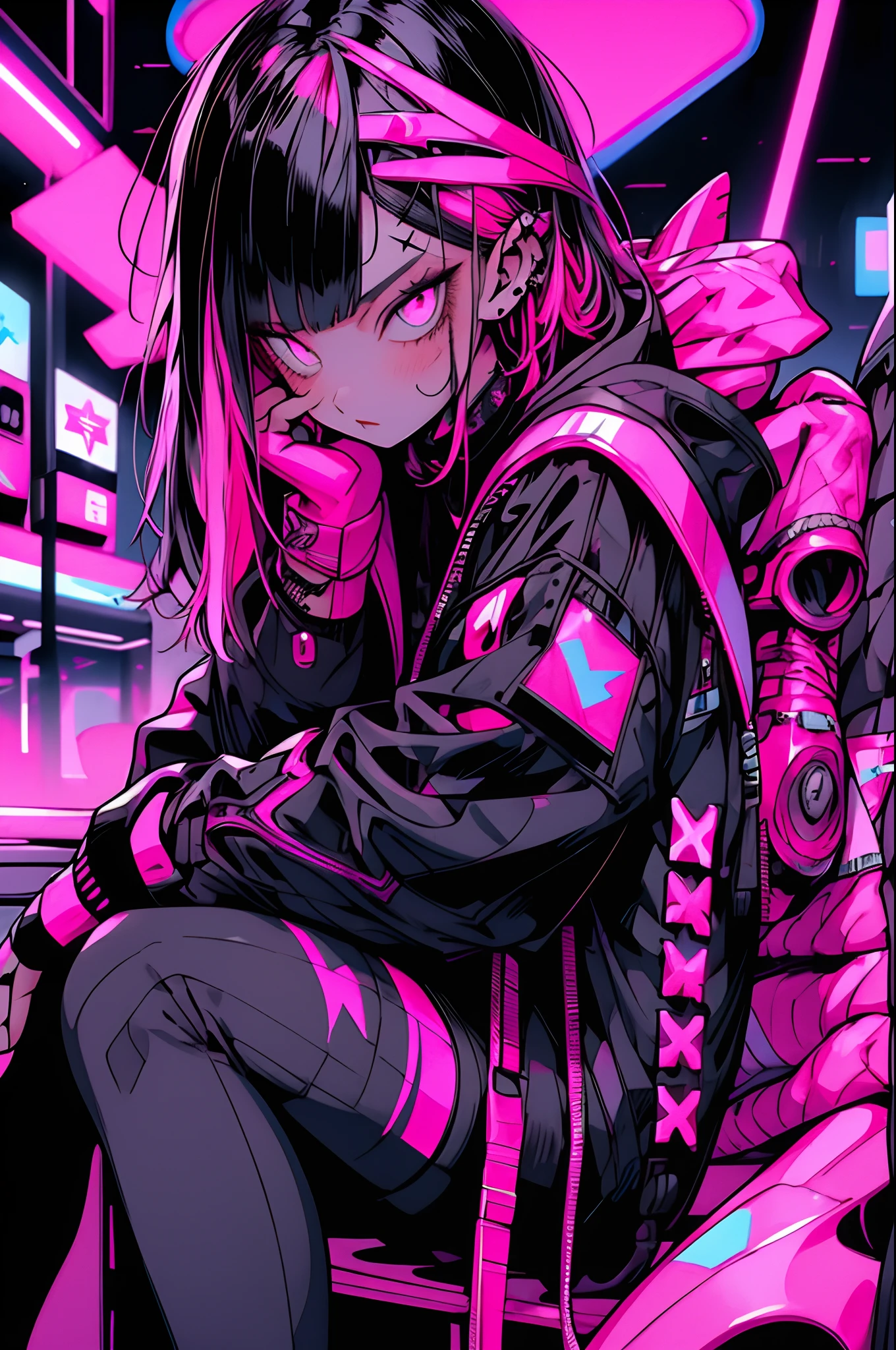 girl, pink long hair, cool black open short jacket, tatoos, messy fade cut hair, crazy, sit pose, on futuristic neon night street background,poser