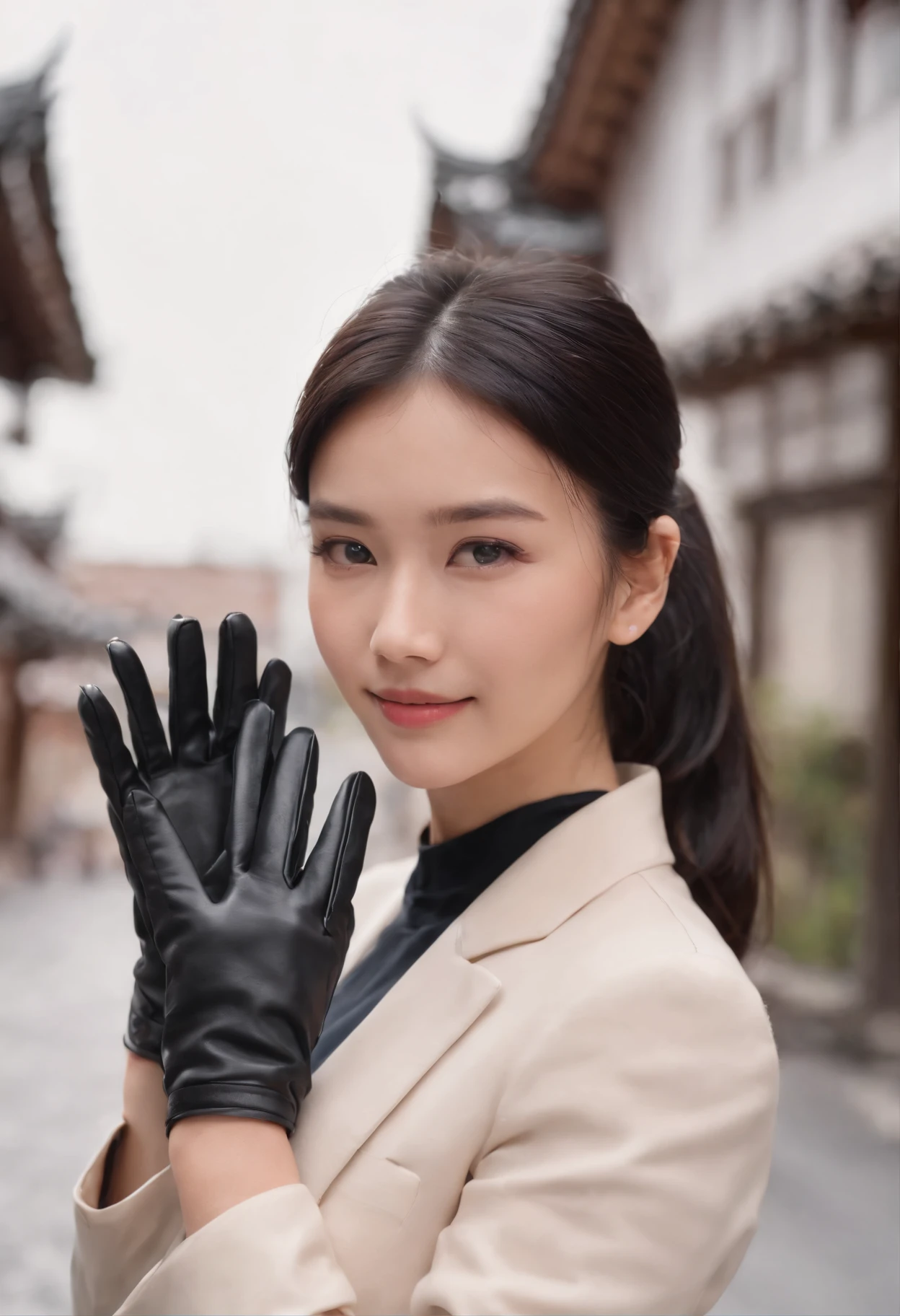 lack leather gloves in both hands, blazer and ribbon uniform, black hair ponytail, upper body, conversation with a smile with a black smartphone, cute Japanese girl (black leather gloves covering both hands) traveling alone