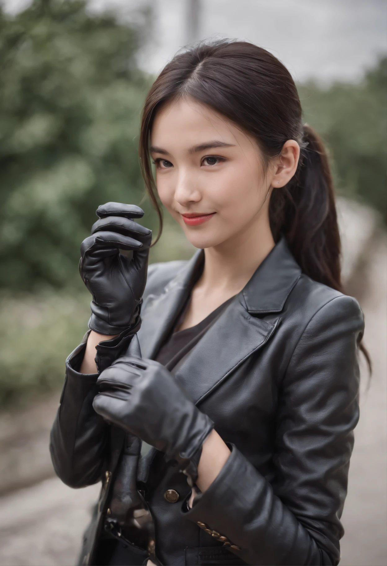 lack leather gloves in both hands, blazer and ribbon uniform, black hair ponytail, upper body, conversation with a smile with a black smartphone, cute Japanese girl (black leather gloves covering both hands) traveling alone
