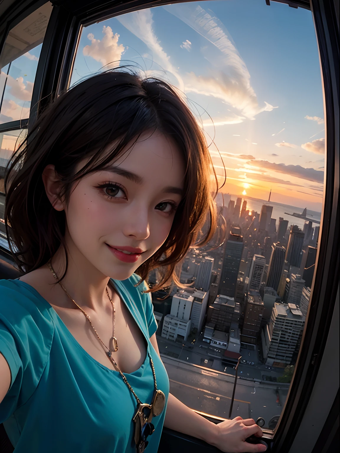 A woman with the supernatural power to fly、(Soaring above the big city:1.6)、(Hair blowing in the wind and clothes fluttering in the wind:1.0)、Charming smile、Distinctive and attractive costumes、Dynamic pose、Shot from a dynamic angle、mynatalee women 、 (highest quality、4k、8k、High resolution、masterpiece:1.2)、Super detailed、(Real、Photorealistic、Photorealistic:1.37)、HDR、Bright colors、Portrait、Sharp focus、Studio Lighting、anime、Bright colors