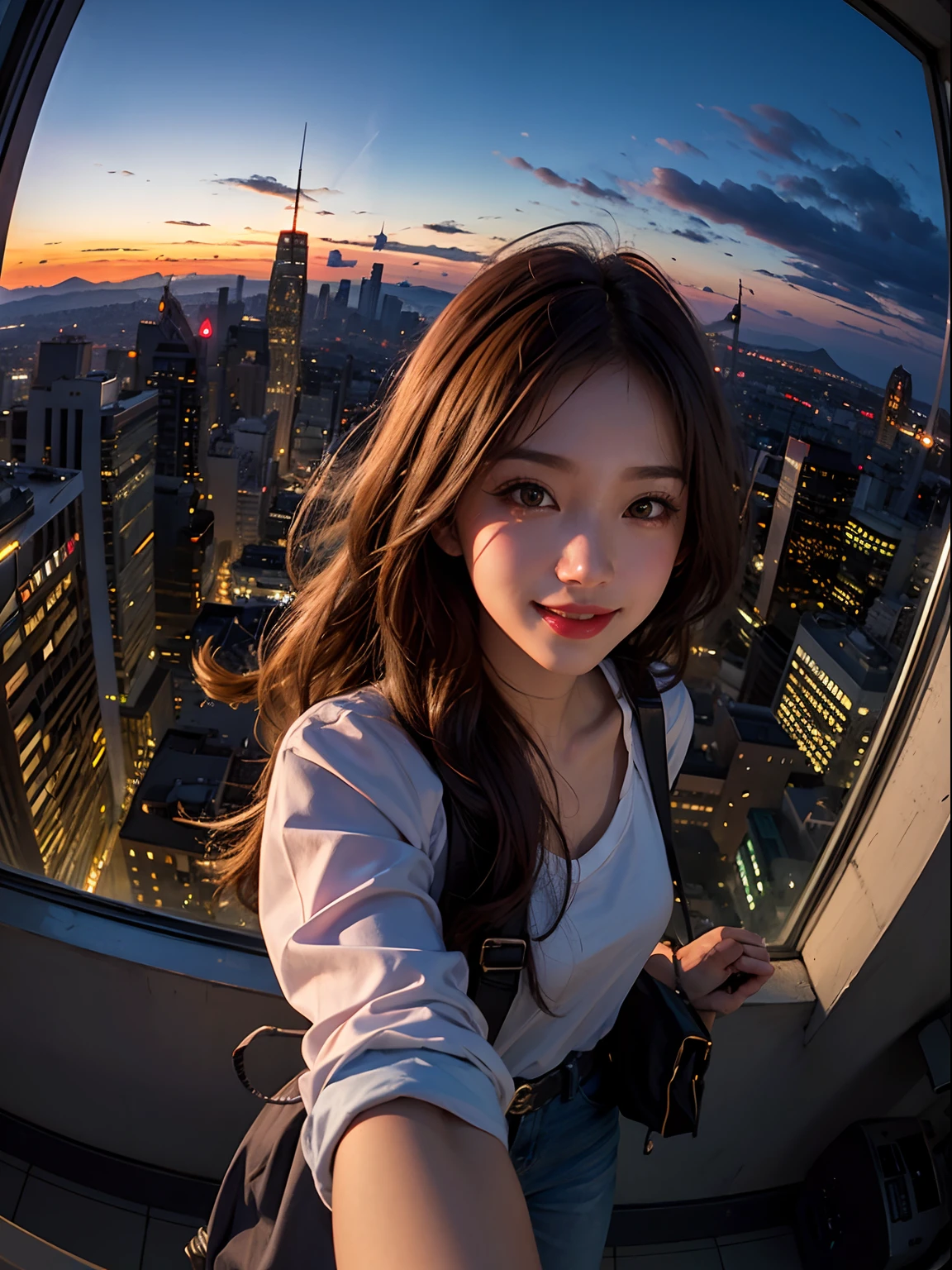 1girl, fisheye, selfie, wind, messy hair, sunset, cityscape, (aesthetics and atmosphere:1.2),smiling