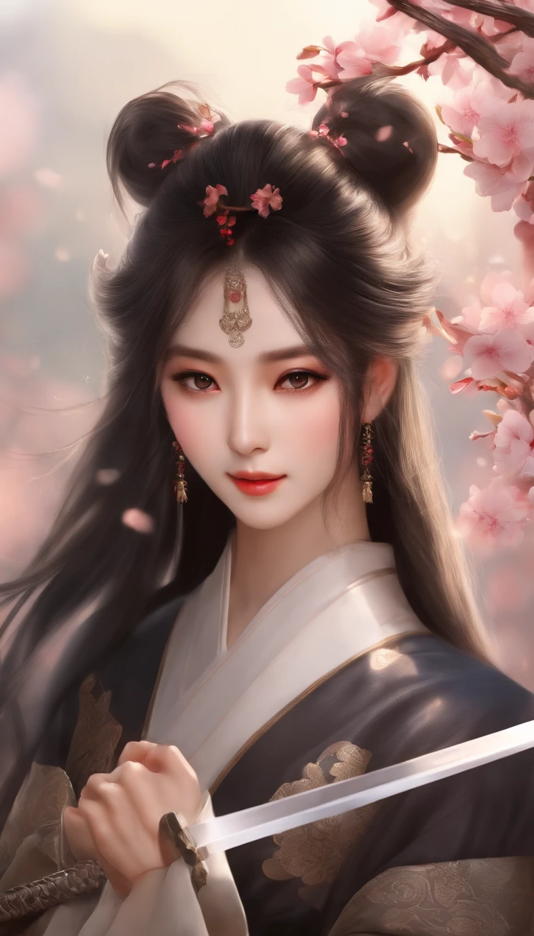 Danfeng Eyes,bushido,The upper part of the body,Black coiled hair,Simple hairpins,Cold eyes,solo person,orthofacial,frontage,Peach blossom background,Highly saturated colors,Hyper Real,8K high-definition,holding a longsword,Absolutely beautiful,high light,plethora of colors