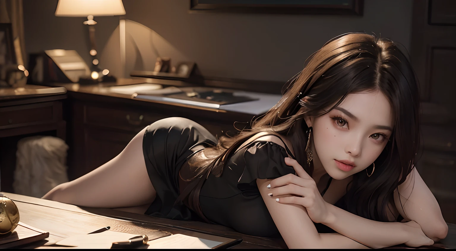 (masterpiece), a stunning photograph of blackpink lisa, full body, 8k, raw photo, looking at viewer, (highly detailed skin:1.2), small breasts, slim body, brown hair, (photorealistic:1.4), long black dress, solo, jewelry, earrings, (looking at viewer), long hair, brown eyes, portrait, realistic, smile, makeup, desk
