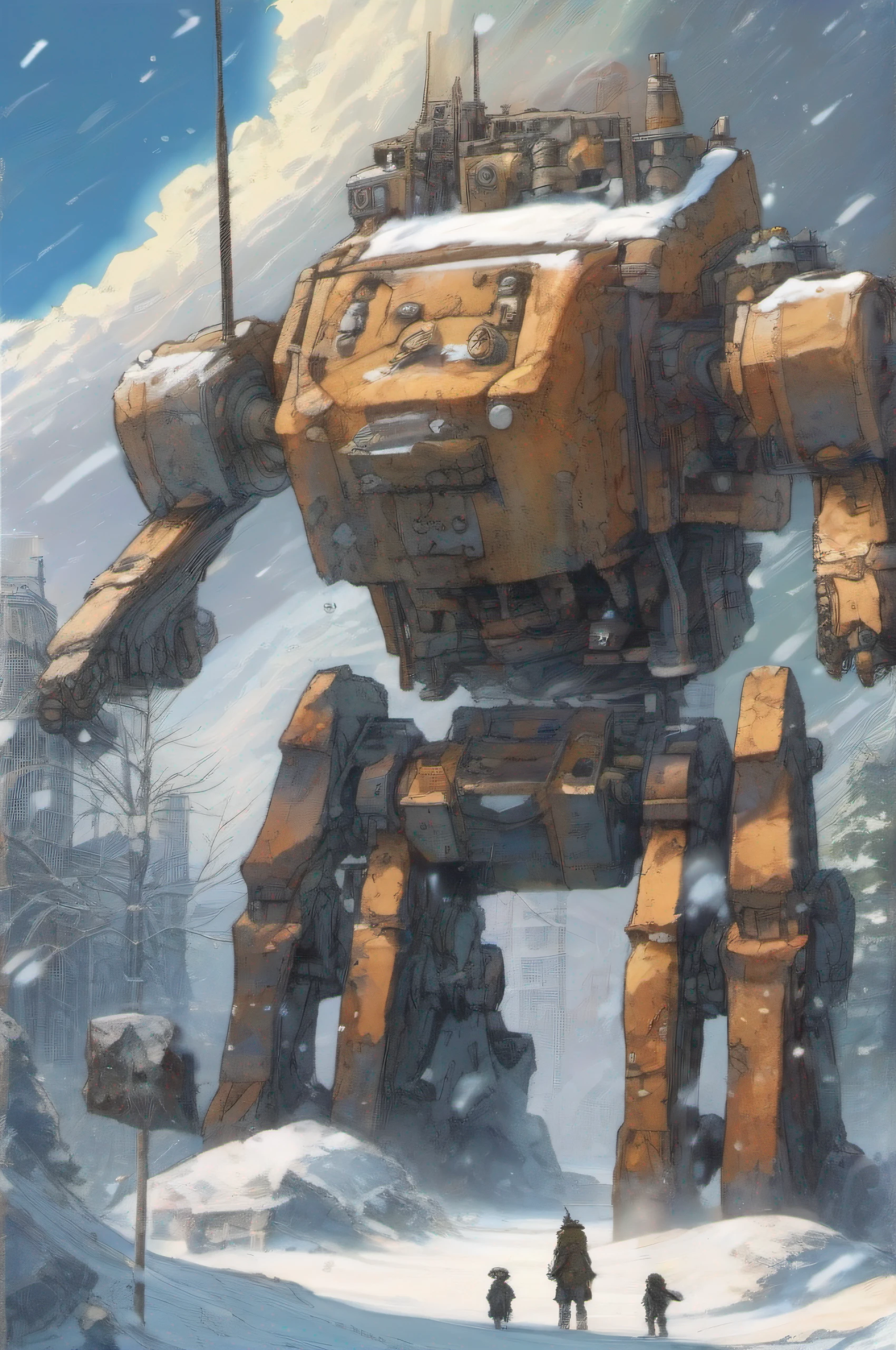 very detailed, high quality, old weathered ruined snow mech, detailed beautiful background, sunrays, studio ghibli art style