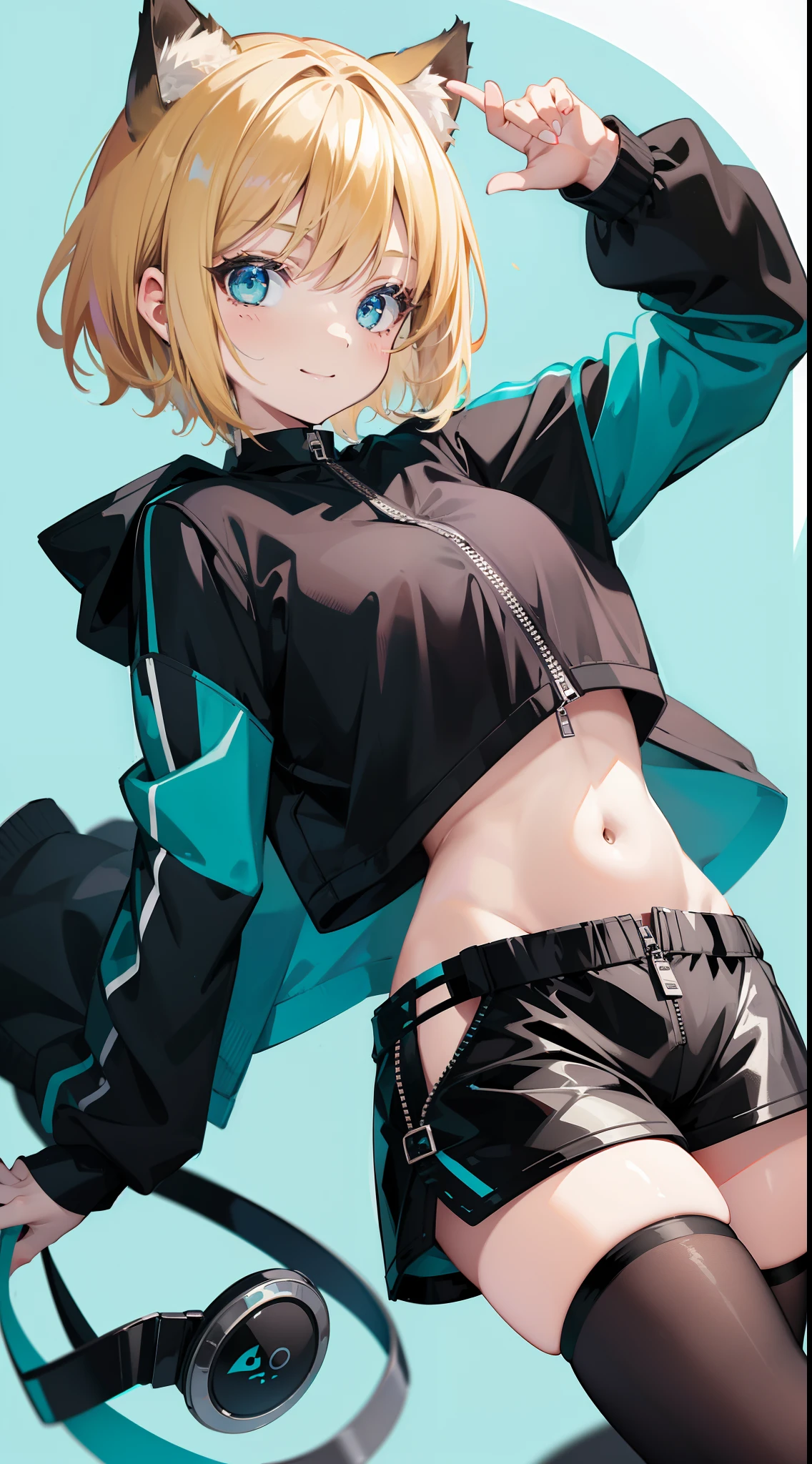 young girl, short blonde hair, turquoise eyes, Smile, cat ears, Black Top, black shorts, green jacket, open belly, zipper, Masterpiece, hiquality, 4k, HD, Good detail