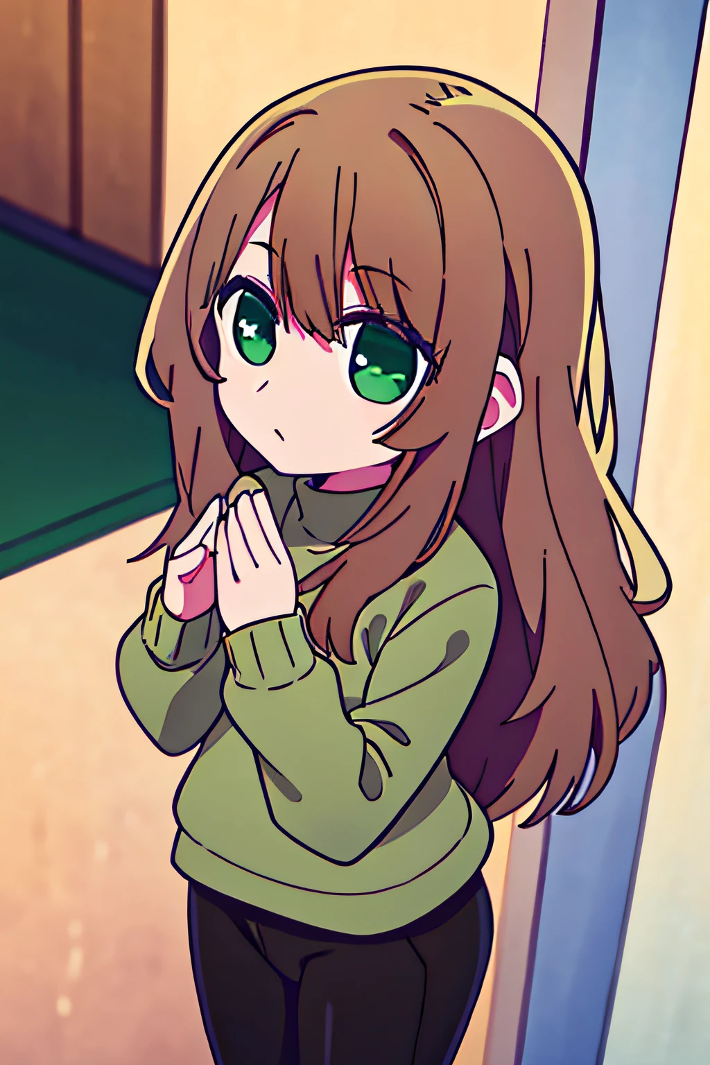Brown hair, hairlong, Long bangs, green colored eyes, Green sweater, black pants.