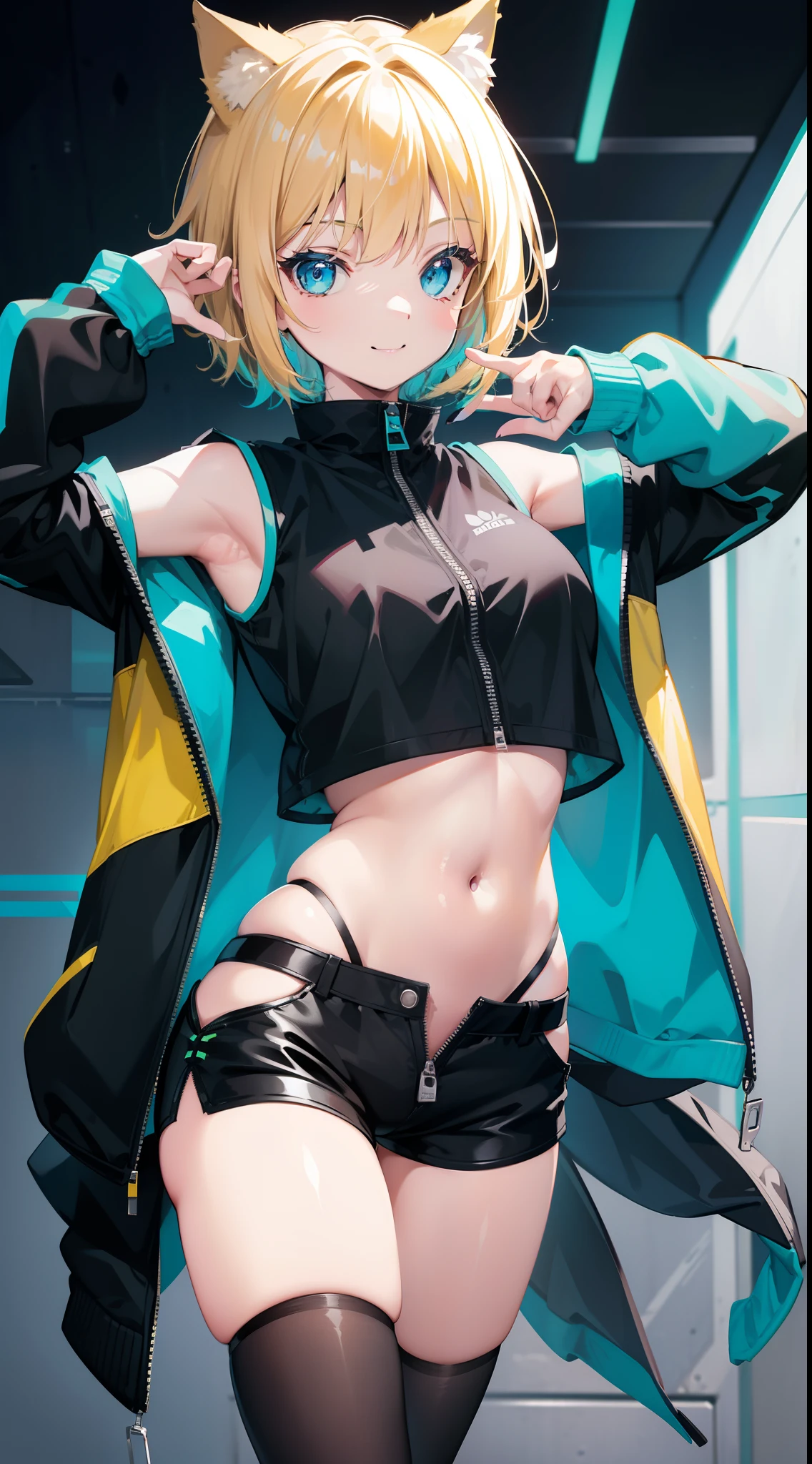 young girl, short blonde hair, turquoise eyes, Smile, cat ears, Black Top, black shorts, green jacket, open belly, zipper, Masterpiece, hiquality, 4k, HD, Good detail