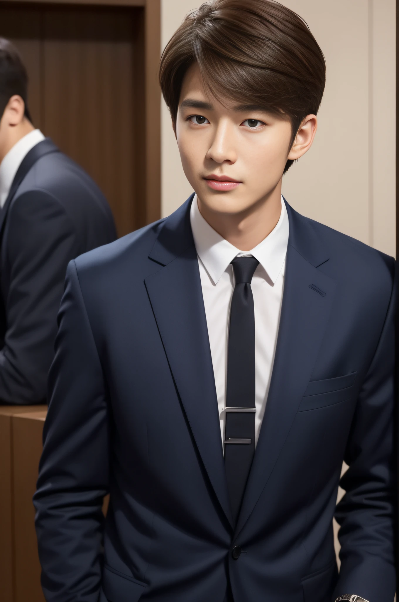 Brown suit、　20-year-old refreshingly handsome new employee、　（Super cool S-class guy in a suit）、　Japan boys at 20 years old、　businessman、　Ultra-luxury suits、　s Office、　Stand in a suitＳYoung handsome man、　Full body photo、　（Highly detailed photos of CG Unity 8K）、　（A highly detailedＳHandsome man in class）、　（Photo Real）、　　（（top-quality））、　ultra-detailliert、　（​masterpiece）、　An ultra-high picture quality、　tall、　viewer、　Gentle man、　Very beautiful hair、　Shorthair、　Bright photo、　Handsome like a model、　Handsome like an idol、　Luxury Watches、　Cool belt、　japanes