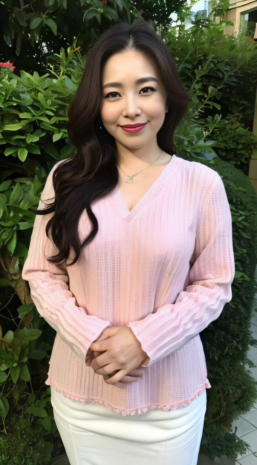 ((中景 the scene is、A half body)),((top-quality、8K、tmasterpiece:1.3))、foco nítido, high-level image quality, A high resolution, Portrait, Solo, Middle-aged woman, Beautuful Women, 45 yers old, plump,Wavy hairstyles, Flowering garden background, Wrinkles at the corners of the eyes, mesmerizing looks, ssmile:1.2,nedium breasts:1.2、Colossal tits、nipple piercing、a necklace、Visible nipple、Pink crewneck lace top,Both hands are lowered,standing on your feet:1.2,orthofacial,Complete fingers,perfect bodies,((Place your hands next to your legs))