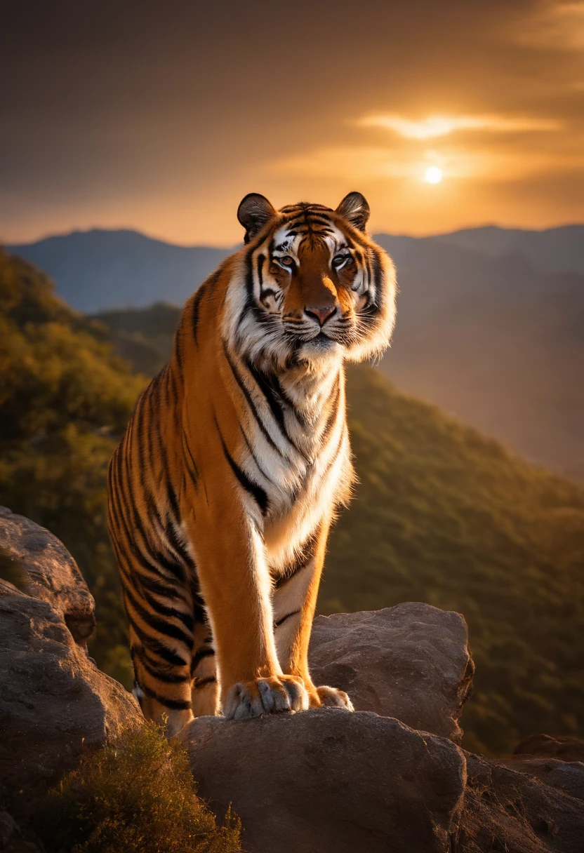 In this scenario，A majestic tiger stands on the top of a magnificent mountain。The background is the sun slowly setting，The light shines on the entire landscape，Create warm and spectacular sunset views。The tiger's mane flutters gently in the breeze，Its gaze is firm and confident。This image shows the beauty and power of wild animals in their natural ecology，At the same time, the grandeur and magnificence of nature is emphasized。It is an image that makes you marvel and feel the beauty of nature，The stunning view of the tigers at sunset moments on the top of the mountain perfectly captures。