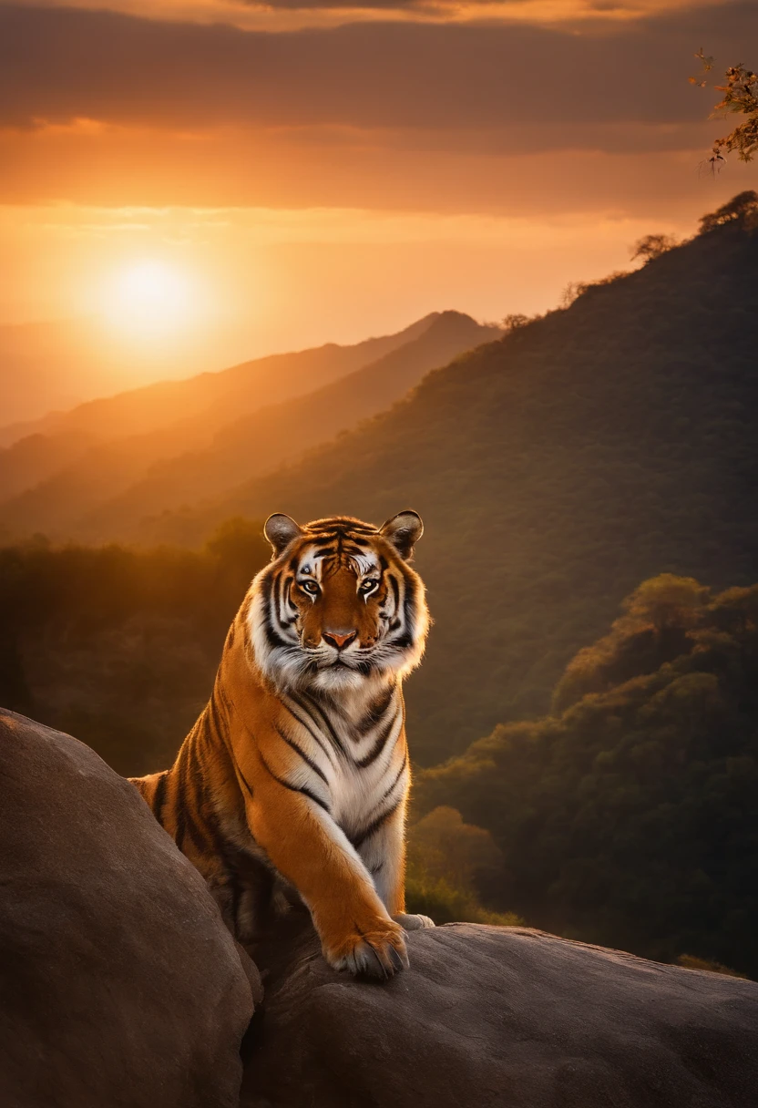In this scenario，A majestic tiger stands on the top of a magnificent mountain。The background is the sun slowly setting，The light shines on the entire landscape，Create warm and spectacular sunset views。The tiger's mane flutters gently in the breeze，Its gaze is firm and confident。This image shows the beauty and power of wild animals in their natural ecology，At the same time, the grandeur and magnificence of nature is emphasized。It is an image that makes you marvel and feel the beauty of nature，The stunning view of the tigers at sunset moments on the top of the mountain perfectly captures。
