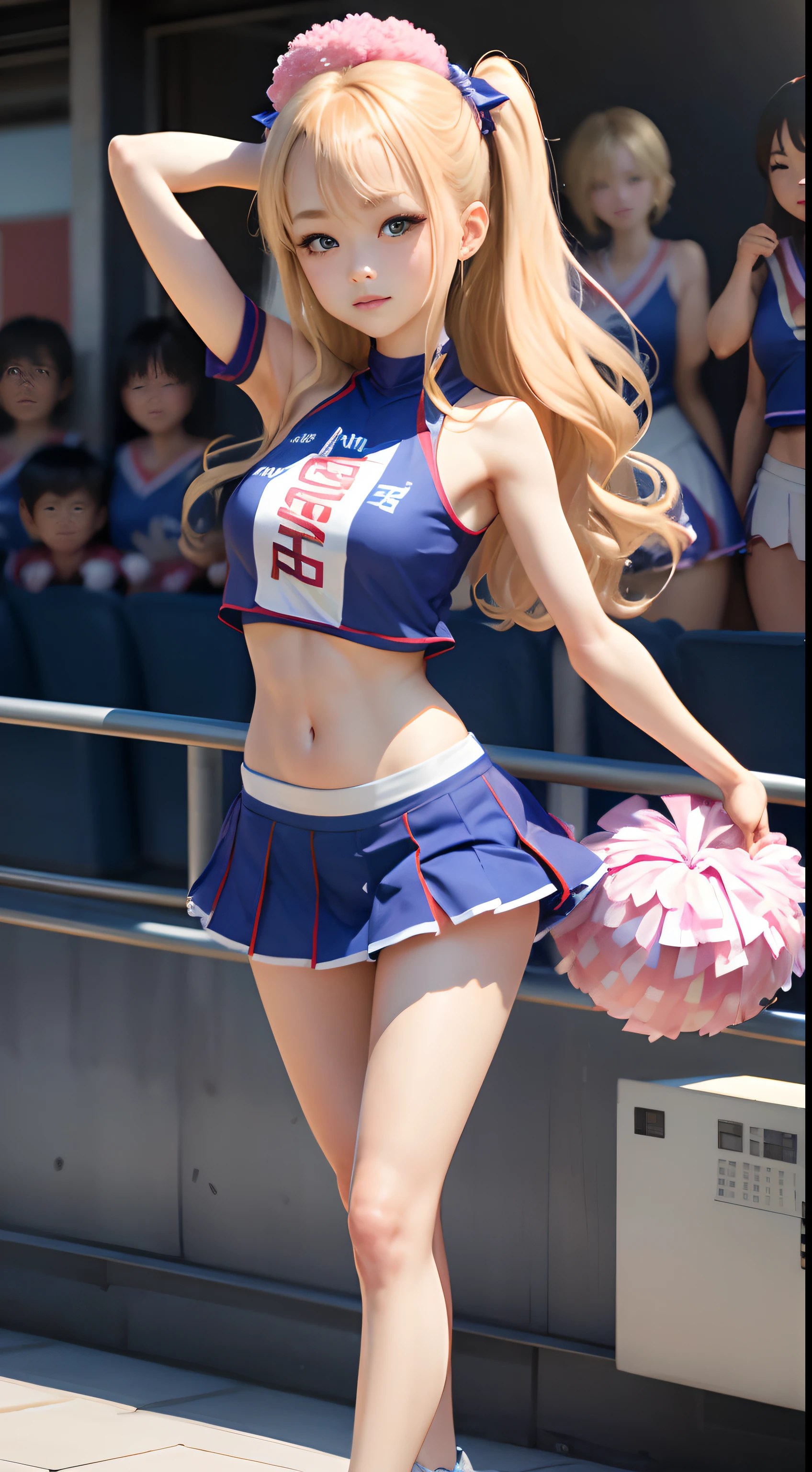 (Super detailed、Ultra-high resolution、8K masterpiece、Vibrant colors)、((Flat Color))、Stadium、Cheerleaders cheering、Random Sexy Poses、Sweaty、 ((body paint、Pop tattoo on thigh))、Big Breasts、(Naughty cheerleading outfit、mini skirt、choker)、Beautiful hip line、Butt、nude、 (Vermilion, blue, silver, golden hair、hair ornaments)、Beautiful blue eyes、Beautiful red lip、(Open your mouth and cheer、smile)、 TWICE's Tzuyu' on pause