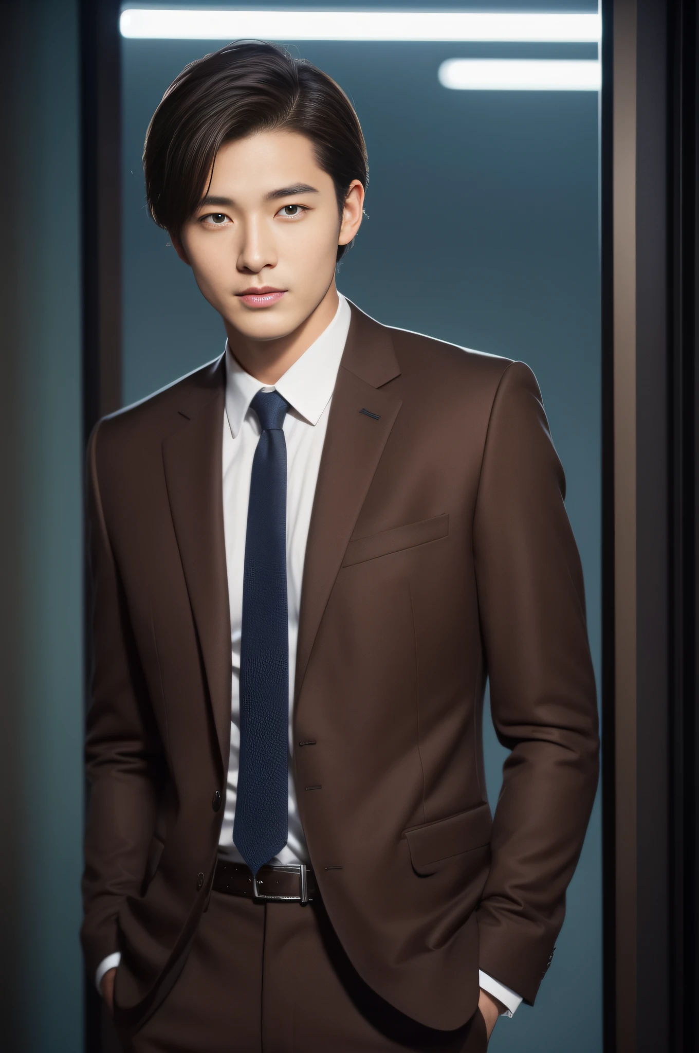 Brown suit、　20-year-old refreshingly handsome new employee、　（Super cool S-class guy in a suit）、　Japan boys at 20 years old、　businessman、　Ultra-luxury suits、　s Office、　Stand in a suitＳYoung handsome man、　Full body photo、　（Highly detailed photos of CG Unity 8K）、　（A highly detailedＳHandsome man in class）、　（Photo Real）、　　（（top-quality））、　ultra-detailliert、　（​masterpiece）、　An ultra-high picture quality、　tall、　viewer、　Gentle man、　Very beautiful hair、　Shorthair、　Bright photo、　Handsome like a model、　Handsome like an idol、　Luxury Watches、　Cool belt、　japanes