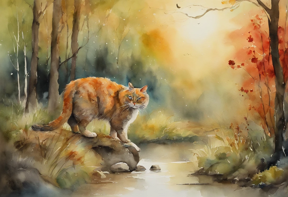 masterpiece、top-quality、morning、Fat cat、middle aged man、a moon、the woods