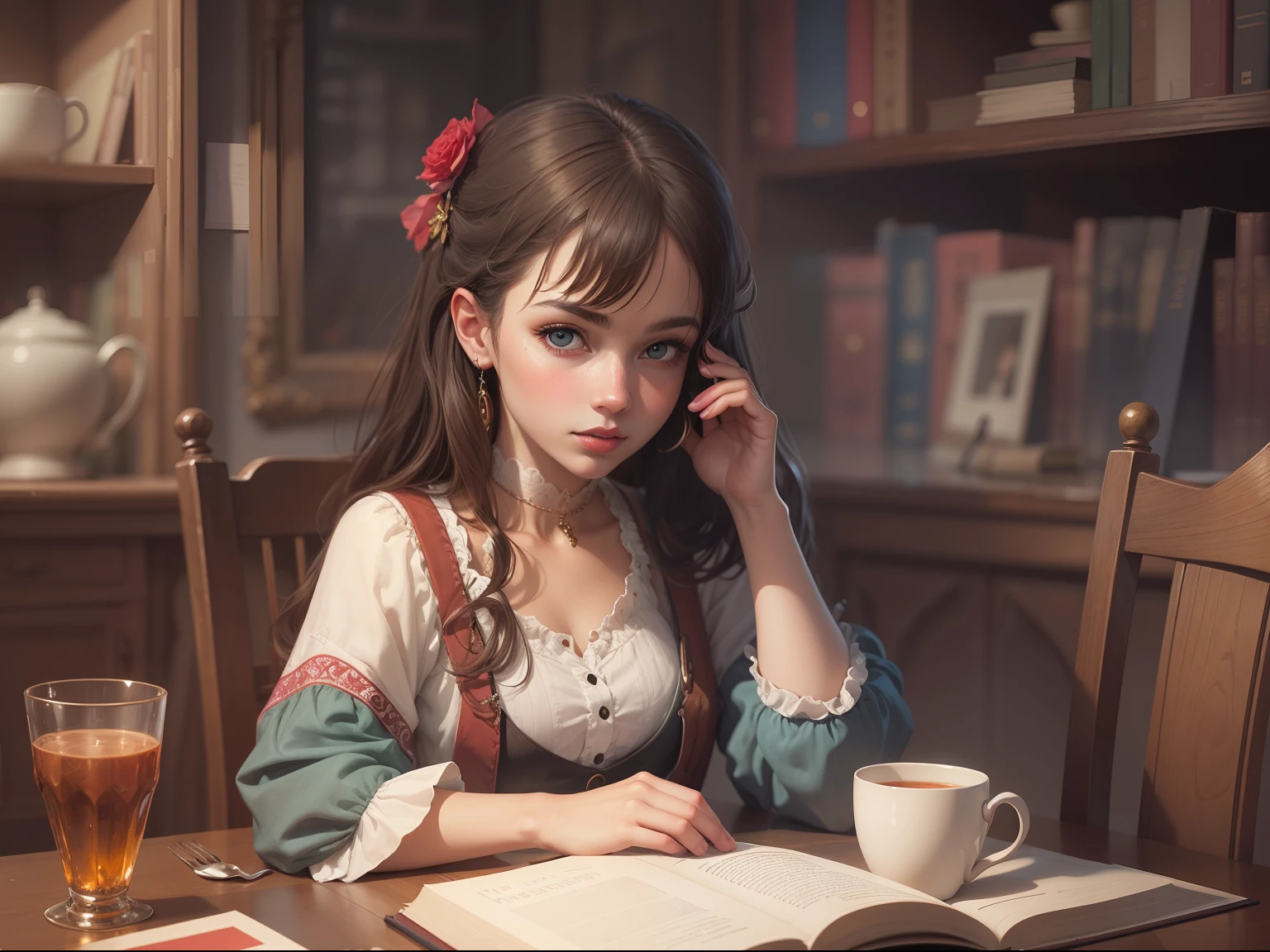 portrait of beautiful girl, Sit at the table,Read this book carefully, concept-art, (pupils), Pinterest,