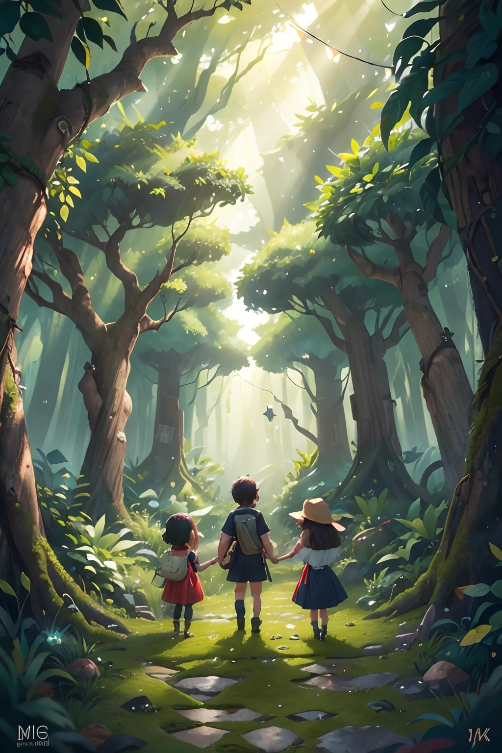 (best quality,4k,8k,Alto,master part:1.2),ultra-detalhado,(Realistic,fotorrealista,photo-realistic:1.37),HDR,UHD,studio lighting,Tinta ultrafina,foco nítido,Physically-based rendering,extreme detail description,profissional,vivid colors,Bokeh,Retrato,Landscape,horror,anime,scientific fiction,fotografia,artistas conceituais,Entrance to a magical and mysterious forest,entrada vista diagonalmente de um labirinto misterioso,Boy and two girls standing at the entrance,uma menina usando um vestido vermelho,outra menina usando um vestido azul,menino carregando uma lanterna,moss-covered trees around the entrance,Sparkling sunlight peeking through the leaves,atmosfera enevoada,flores encantadas florescendo ao redor da entrada,Hints of magical creatures lurking in the shadows,a sense of anticipation and adventure in the air