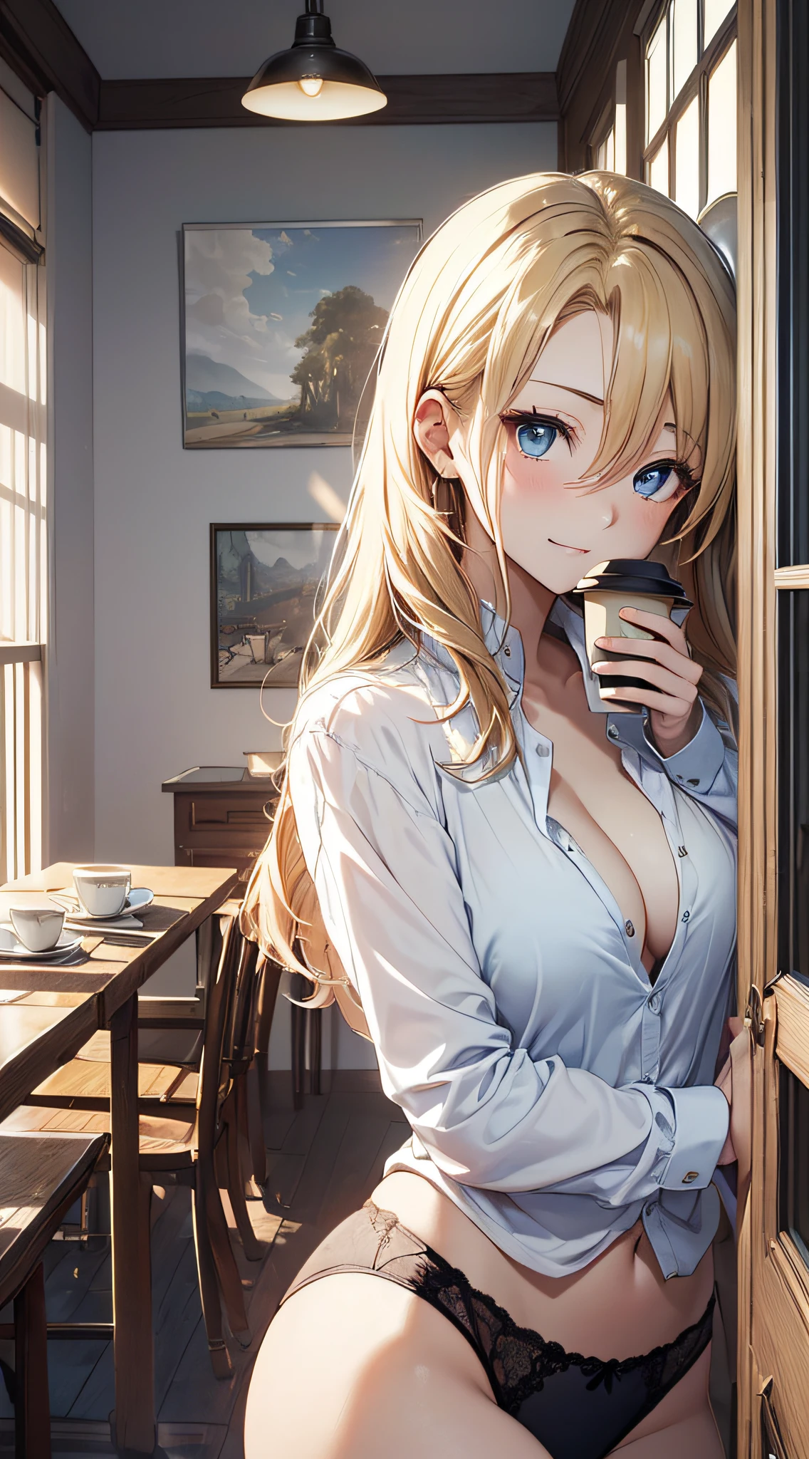 top-quality、Top image quality、masterpiece、girl with((18year old、 White Y-shirt with open buttons、,Black underwear、Best Bust、Bust 85、a blond、disheveled semi-long、Blue eyes、open chest wide、Valley、Happiness、A slender、Bring your own coffee cup、Shy face))hiquality、Beautiful Art、Background with((A room with beautiful sunlight))、masutepiece、Elaborate design、visualart
