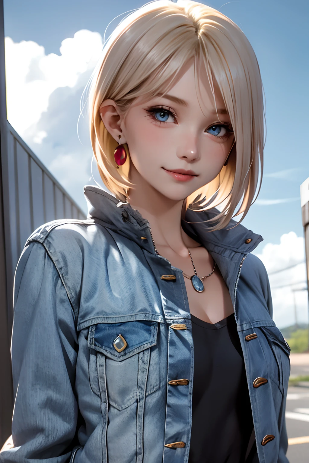 1girl in, Solo, Android 18, Blonde hair, Blue eyes, Short hair, Jewelry, earrings, Smile, Jacket, Looking to the side, denim, Denim jacket, Upper body, lingerie, Closed mouth, cloud, skyporn, day, Looking away, Blue sky, 鎖骨,