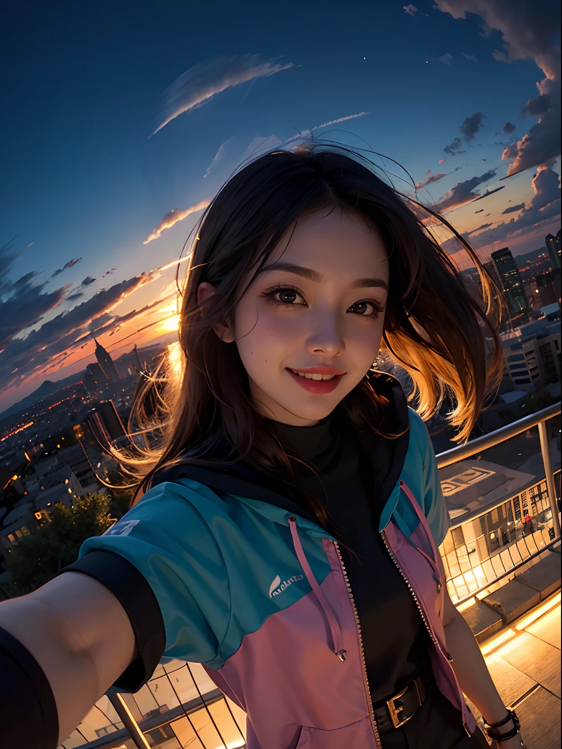 1girl, fisheye, selfie, wind, messy hair, sunset, cityscape, (aesthetics and atmosphere:1.2),smiling