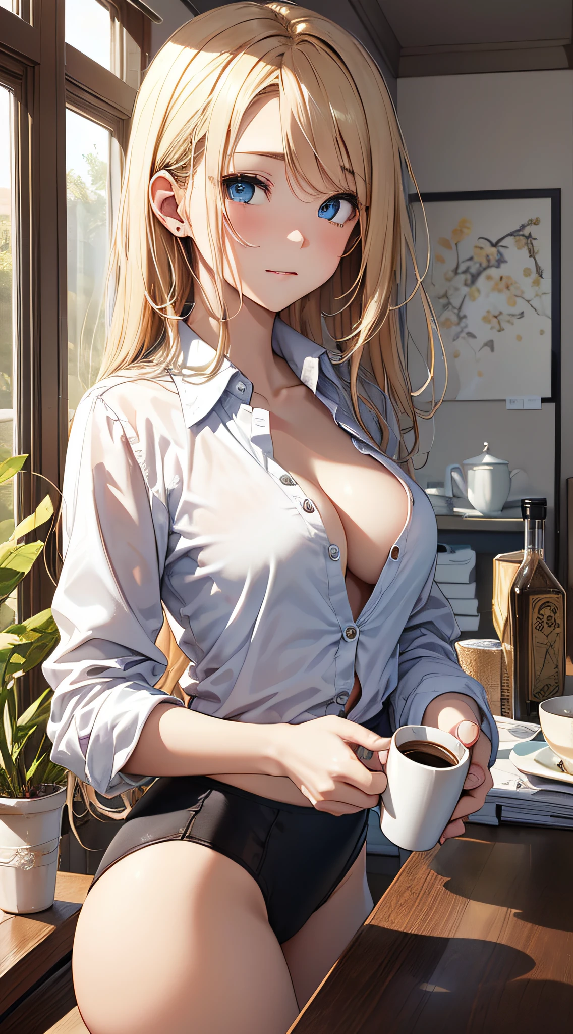 top-quality、Top image quality、​masterpiece、girl with((18year old、 White Y-shirt with open buttons、,Black underwear、Best Bust、Bust 85、a blond、disheveled semi-long、Blue eyes、open chest wide、Valley、Happiness、A slender、Bring your own coffee cup、Shy face)）hiquality、Beautiful Art、Background with((A room with beautiful sunlight))、masutepiece、Elaborate design、visualart