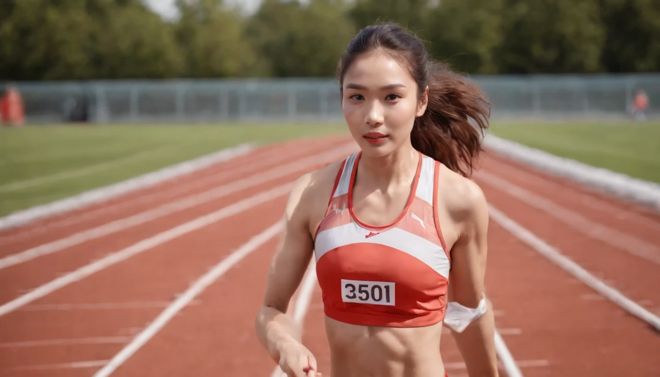 35mm humanistic lens,Sports girl,Starting position,running track,detailedbackground,Asian Games,Full body like,Smudge,Accurate facial features,dynamic blur,super-fine,ultra - detailed,high qulity,8K ,oc rendered,dynamic viewing angle,Hyper Real,Ultra photo realsisim
