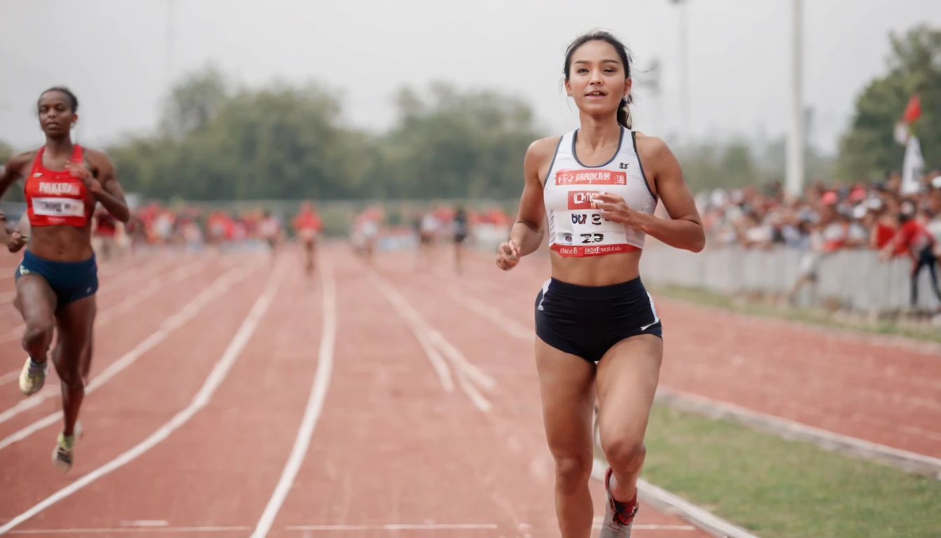 35mm humanistic lens,Sports girl,Starting position,running track,detailedbackground,Asian Games,Full body like,Smudge,Faraway view,super-fine,ultra - detailed,high qulity,8K ,oc rendered,dynamic viewing angle,Hyper Real,Ultra photo realsisim