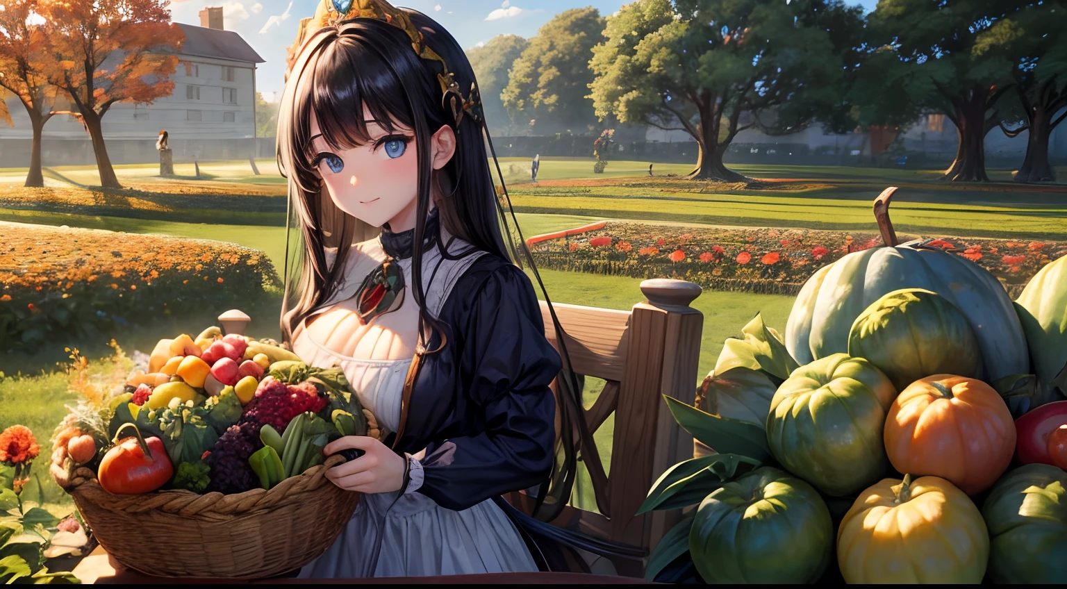 blue eyes black hair girl with a large pile of vegetables on a table in the garden, harvest fall vibrancy, autum garden, vegetables, an island made of food, harvest fall vibrance, 1614572159, the goddess of autumn harvest, veggies, very surreal garden, wonderful compositions, beautiful eden garden, wonderful masterpiece, ❤🔥🍄🌪