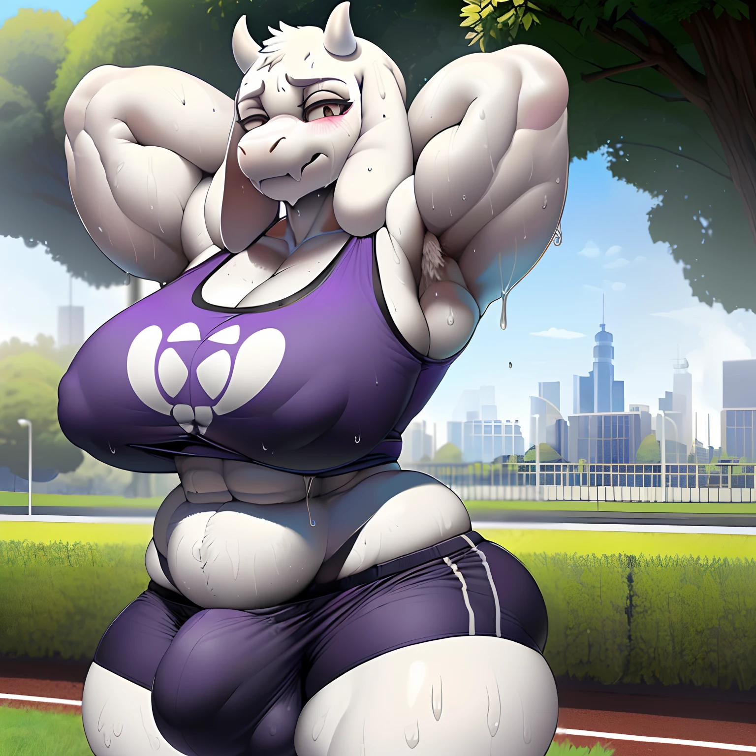 (((Futa, futanari))), ((big breasts, huge breasts, nipple bulge, abs, muscular, thick thighs, hourglass figure, thicc, white hair, white skin, shorts, short shorts, purple shorts, booty shorts, ((penis shaped bulge, bulge, penis base, erection under clothes, big bulge)), sports bra, tank top, crop top, thong straps)), ((standing, hands behind head, evil expression, cocky smirk, sexy pose, sweating, sweat, sweat drip)), (((by picturd, high quality, ((solo)) ))), (((Toriel, undertale, goat, snout))), ((simple background, park background))