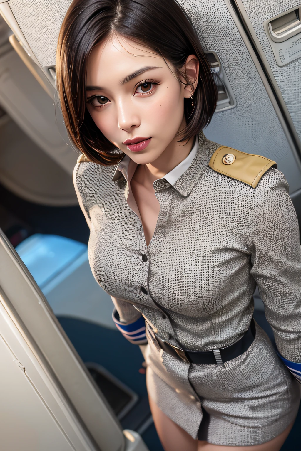 8K, of the highest quality, Intricate details, Ultra Detail, Ultra High Resolution, masutepiece, Smile, (fluffy brown eyes), 1womanl, Solo, 40 years, (Full Stewardess Uniform:1.4), Standing, ((Beautiful face)), (Black short hair), (Detailed face), Detailed lips, Detailed face, Detailed chest, large full breasts, detail, Perfect body, (detail legs), Cowboy Shot, (Background: in an airplane)