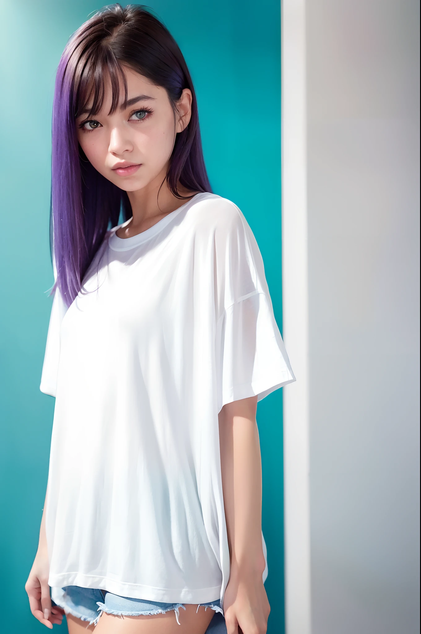 1 girl, Beautiful vintage color, watching viewer (Bright long white oversized t-shirt (plain color), instagram (Photorealistic, High Resolution: 1.4), ((green colored eyes)), full - body (8K, RAW photo, Best Quality, Masterpiece: 1.2), (Realistic, Photorealistic): 1.37), (soft focus: 1.2), Professional lighting, Photon mapping, radiosity, physically based rendering, (White Skin Skin: 1.2), (Small: 1.2), viewer's gaze, (Medium Hair: 1.5), Portrait, Purple eye, (light-blue hair: 1.2), Bangs, (Simple background: 1.4), 独奏, upper-body, Realistic, (Masterpiece: 1.4), (Best Quality: 1.4), (glossy skin), fashionable woman, makeup, Smile (Skinny, mouth closed, Shy: 1.3), (Standing, Plain long white oversized t-shirt and black miniskirt), Medium bust, Front pillar, Hands folded behind his back, White wall background, No need to draw on a T-shirt,