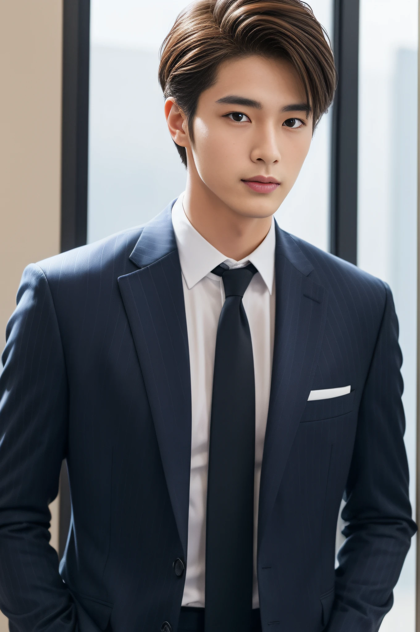 Brown suit、　20-year-old refreshingly handsome new employee、　（Super cool S-class guy in a suit）、　Japan boys at 20 years old、　businessman、　Ultra-luxury suits、　s Office、　Stand in a suitＳYoung handsome man、　Full body photo、　（Highly detailed photos of CG Unity 8K）、　（A highly detailedＳHandsome man in class）、　（Photo Real）、　　（（top-quality））、　ultra-detailliert、　（​masterpiece）、　An ultra-high picture quality、　tall、　viewer、　Gentle man、　Very beautiful hair、　Shorthair、　Bright photo、　Handsome like a model、　Handsome like an idol、　Luxury Watches、　Cool belt、　japanes