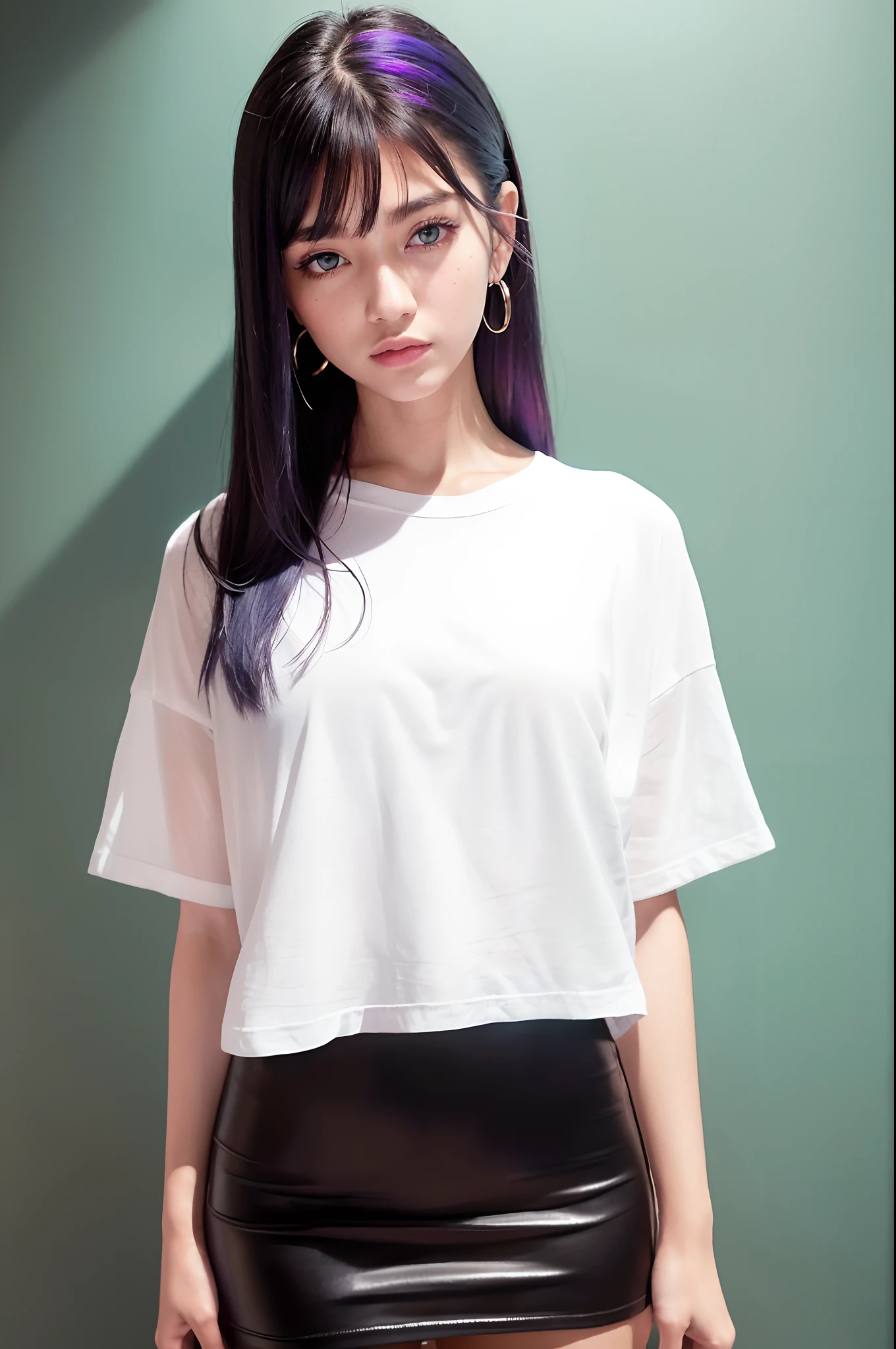 1 girl, Beautiful vintage color, watching viewer (Bright long white oversized t-shirt (plain color), instagram (Photorealistic, High Resolution: 1.4), ((green colored eyes)), full - body (8K, RAW photo, Best Quality, Masterpiece: 1.2), (Realistic, Photorealistic): 1.37), (soft focus: 1.2), Professional lighting, Photon mapping, radiosity, physically based rendering, (White Skin Skin: 1.2), (Small: 1.2), viewer's gaze, (Medium Hair: 1.5), Portrait, Purple eye, (light-blue hair: 1.2), Bangs, (Simple background: 1.4), 独奏, upper-body, Realistic, (Masterpiece: 1.4), (Best Quality: 1.4), (glossy skin), fashionable woman, makeup, Smile (Skinny, mouth closed, Shy: 1.3), (Standing, Plain long white oversized t-shirt and black miniskirt), Medium bust, Front pillar, Hands folded behind his back, White wall background, No need to draw on a T-shirt,