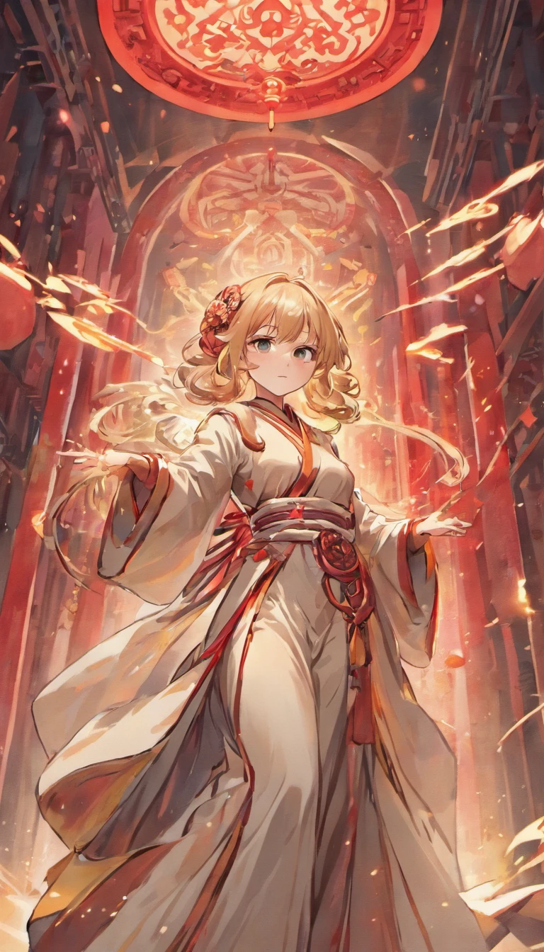 A girl in a white robe holds a red couplet, Surrounded by many red couplets, All hanging in the air,Filled with Chinese characters. Full of tension, Anime aesthetic style, hyper HD, Traditional clothing, rich details, fantasy, 8K, elaborate faces, Beautiful women, Girl with shiny hair with black hair, Beautiful and moving, Classical style, CG rendering, Front view, Detailed background depiction, Realistic and delicate facial features, proportional facial features, Immortal chivalrous style, Clear eyes, And gorgeous array behind background, Light and shadow effects, and the Tyndall effect