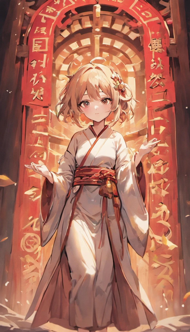 A girl in a white robe holds a red couplet, Surrounded by many red couplets, All hanging in the air,Filled with Chinese characters. Full of tension, Anime aesthetic style, hyper HD, Traditional clothing, rich details, fantasy, 8K, elaborate faces, Beautiful women, Girl with shiny hair with black hair, Beautiful and moving, Classical style, CG rendering, Front view, Detailed background depiction, Realistic and delicate facial features, proportional facial features, Immortal chivalrous style, Clear eyes, And gorgeous array behind background, Light and shadow effects, and the Tyndall effect