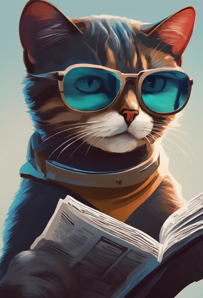 Create a cat with glasses who reads a newspaper. The cat should be in the style of cyberpunk.